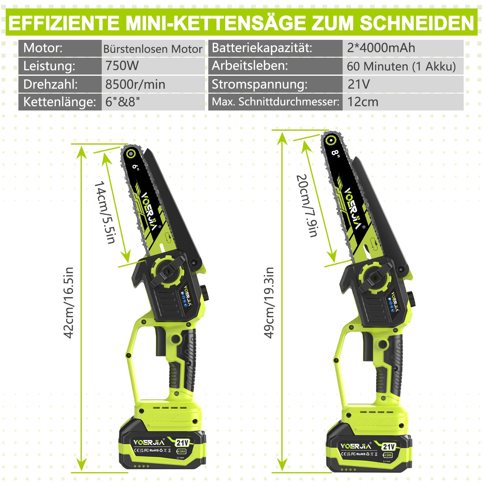 VOERJIA Akku Kettensäge 21V, Mini Kettensäge 6 & 8 Zoll mit automatischer Kettenschmierung, 2x 4.0Ah Akku, bürstenloser Motor, Handkettensäge für Baumschnitt, Garten & Holzarbeiten