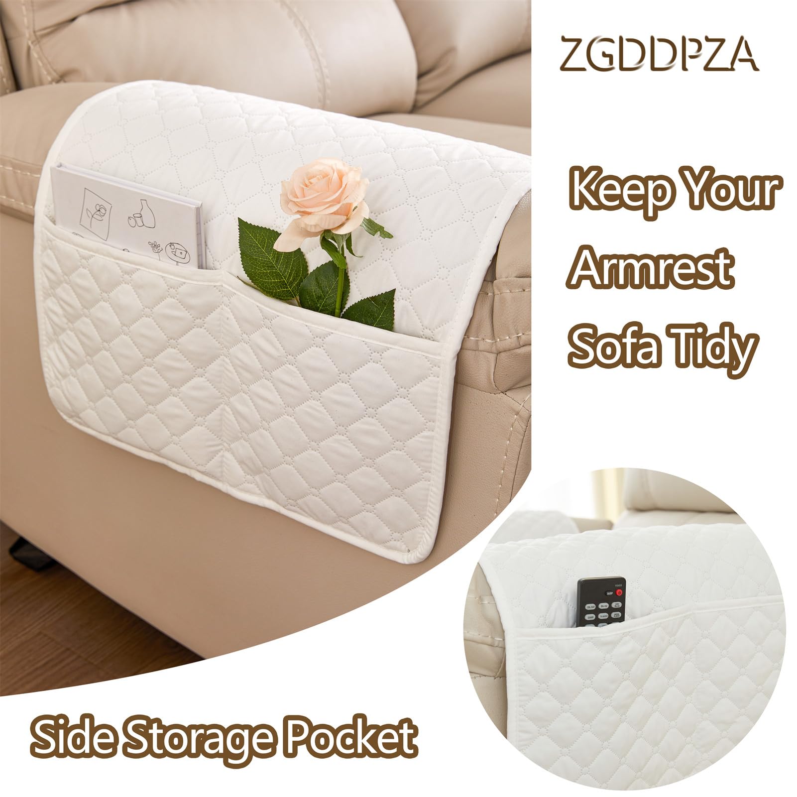 ZGDDPZA Armchair Arm Cover,Headrest Cover for Recliner Sofa Quilted Chair Arm Cover with Pockets Waterproof Non Slip Sofa Protectors Pet Dog (Beige,3-Seater 5pcs) - Image 4