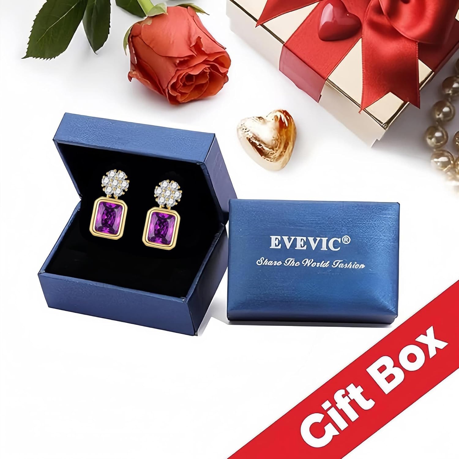 EVEVIC Austrian Crystal Square Drop Flower Studs Earrings for Women 14K Gold Plated Dangle Earring Jewelry Gifts - Image 6