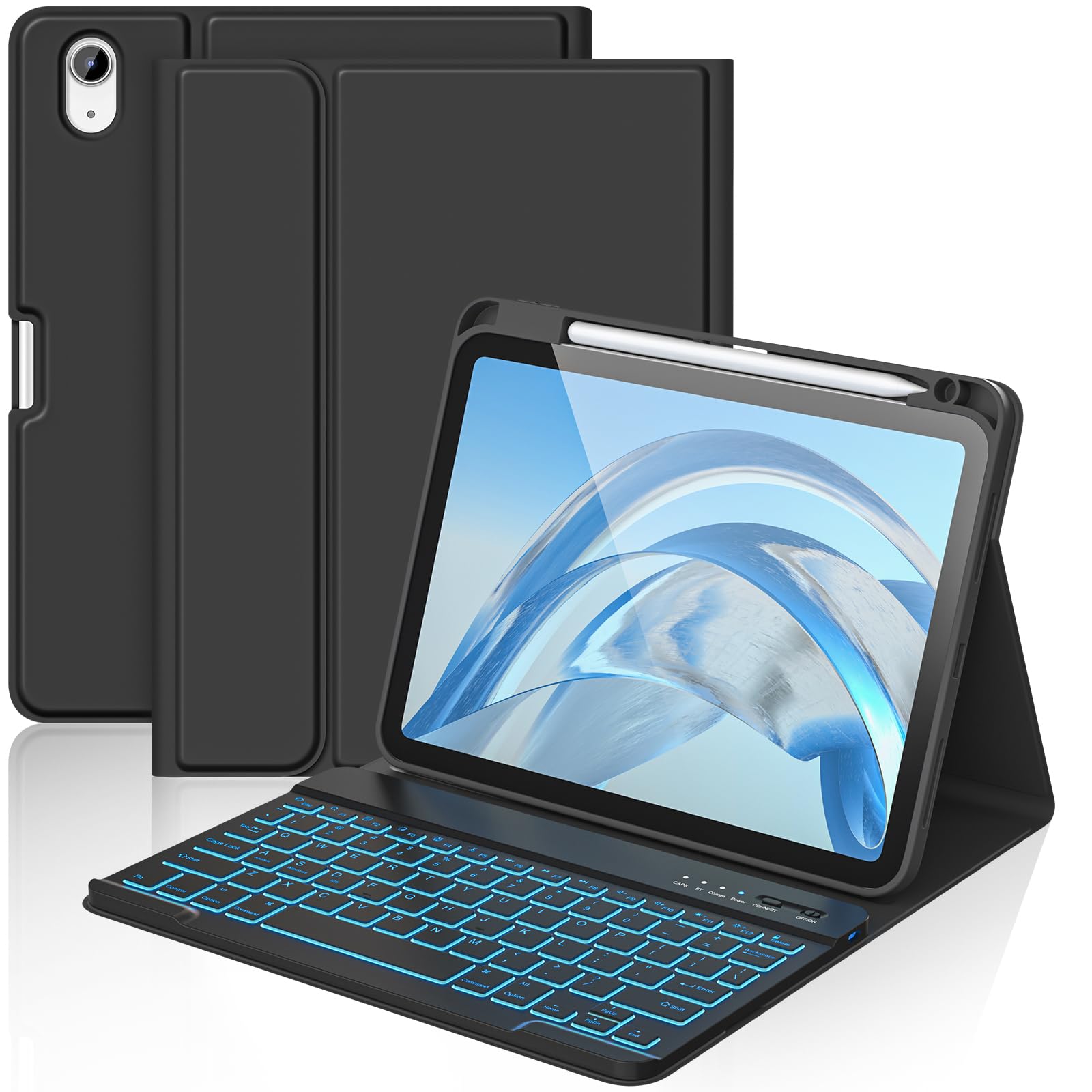aMZCaSE for iPad A16 11th 10th Generation Case with Keyboard - 7 Colors Backlight Detachable Folio Keyboard Case with Pencil Holder for iPad (A16) 11th Gen 2025 & 10th Gen 10.9 inch 2022, Black