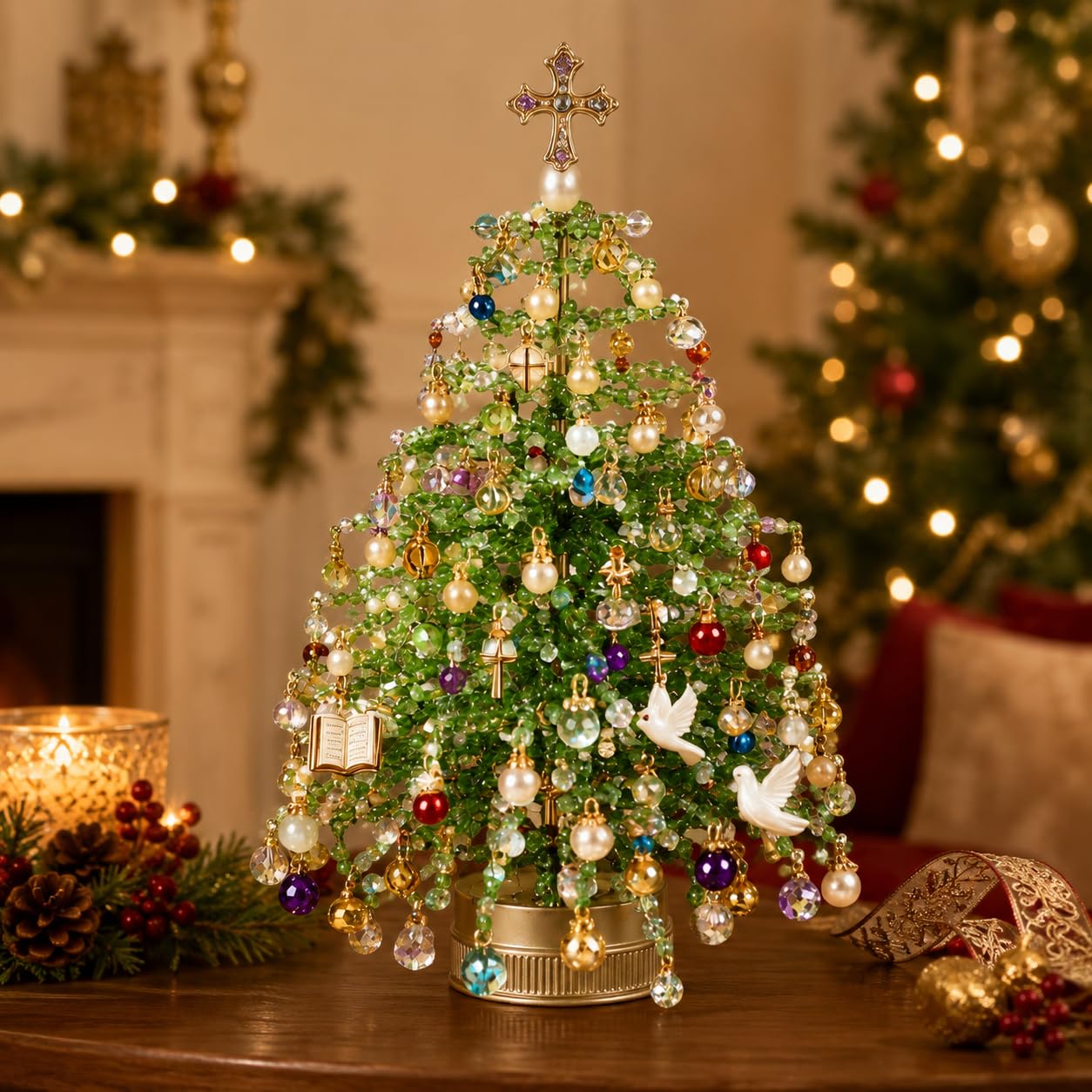 DIY Beaded Christmas Tree Kit, Beading Kits with Colorful Beads & Ornaments, DIY Crystal Bead Christmas Tree Making Kit, Handmade Holiday Craft Ornament Kits, Xmas Craft for Craft Lovers
