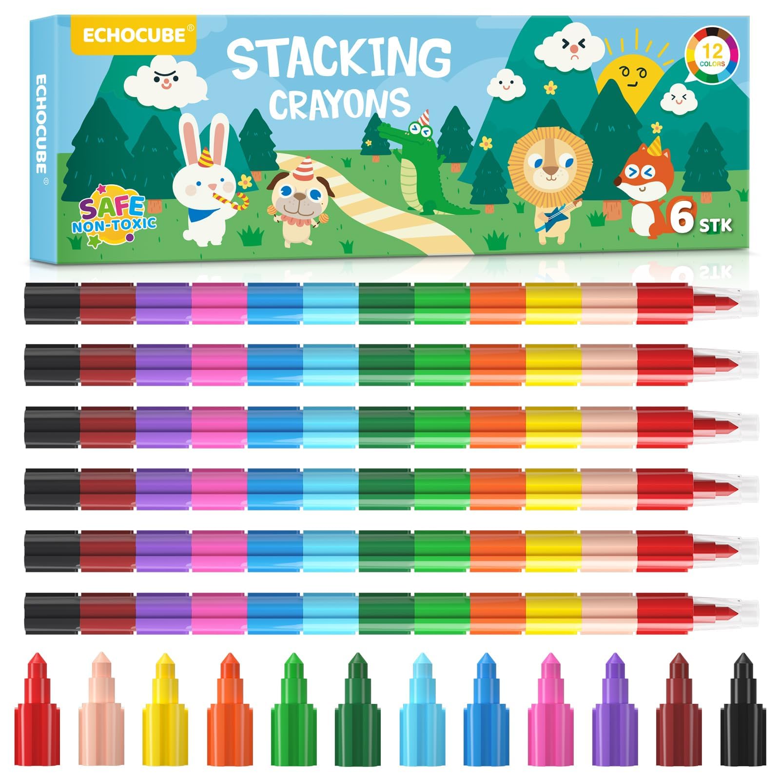 ECHOCUBE 6 x Swop Point Crayons for Kids & Adults, Stacking Crayons for School Office Drawing, Colouring Crayons Pencil Set for Party Bags Fillers, Rainbow Pencils Stationary Supplies