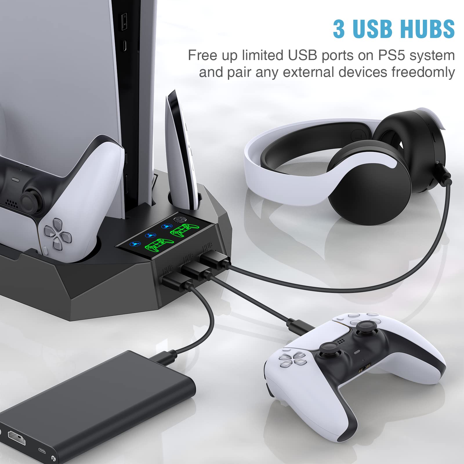 PS5/PS5 Slim/PS5 Pro Stand e stazione di raffreddamento con stazione di ricarica doppio controller per console PlayStation 5, accessori PS5 incl. caricatore controller, ventola di raffreddamento