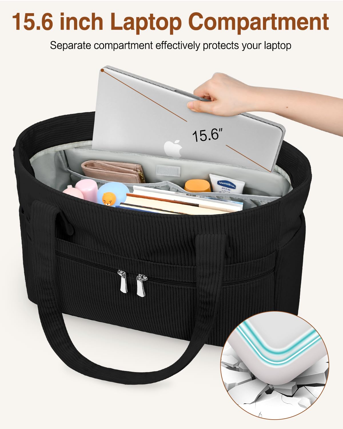 LUROON Sac a Main Femme Cabas Grande Capacité, Sac Cabas Femme en Velours Côtelé Tote Bag avec Fermeture Éclair, Léger Sacs Ordinateur 15.6 Pouces pour Voyage Collège Travail