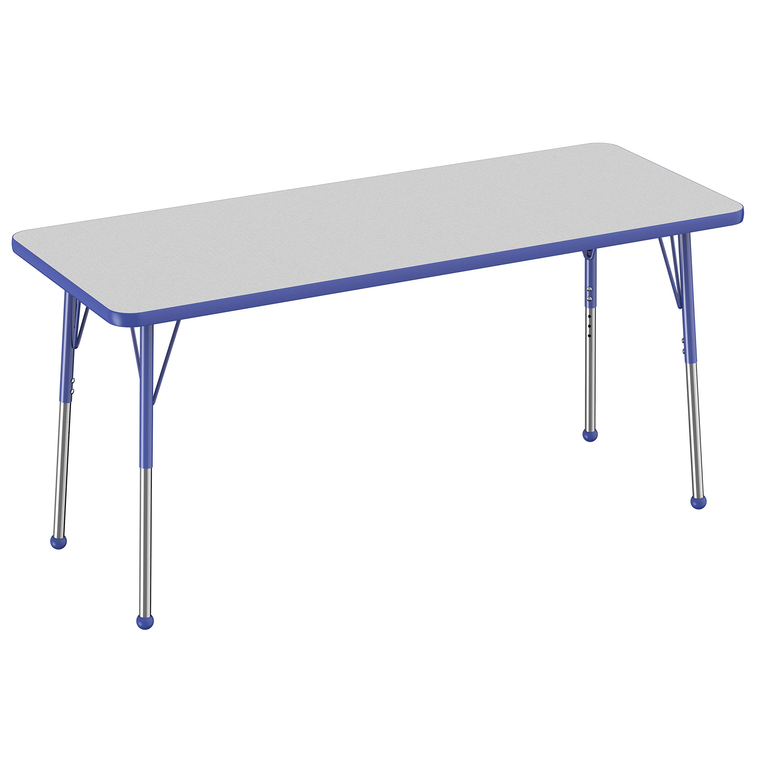 FDP Rectangle Activity School and Office Table (24 x 60 inch), Standard Legs with Ball Glides, Adjustable Height 19-30 inches - Gray Top and Blue Edge