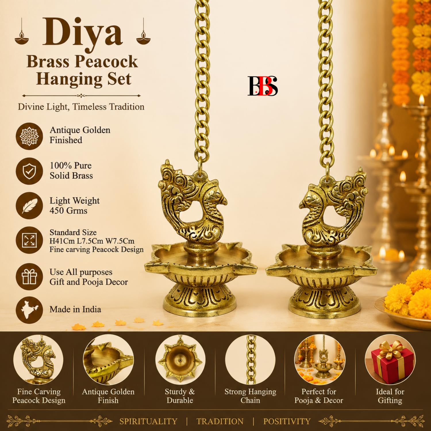 Brass Peacock Diya Set - Diwali Home Decor -5