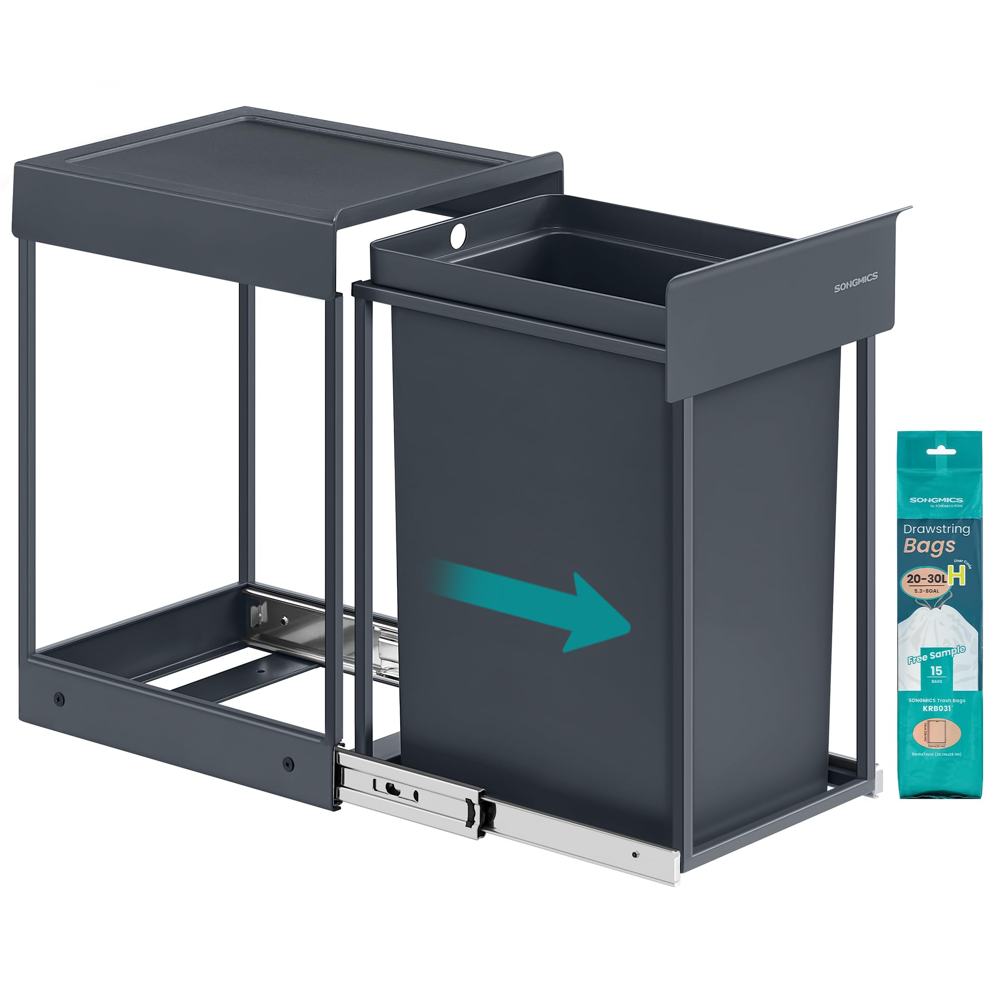 SONGMICS Mülleimer Küche, für Unterschrank, 1 x 20 L, Abfalleimer, ausziehbar, Stahlrahmen, ABS-Deckel, grau LTB920GZ01