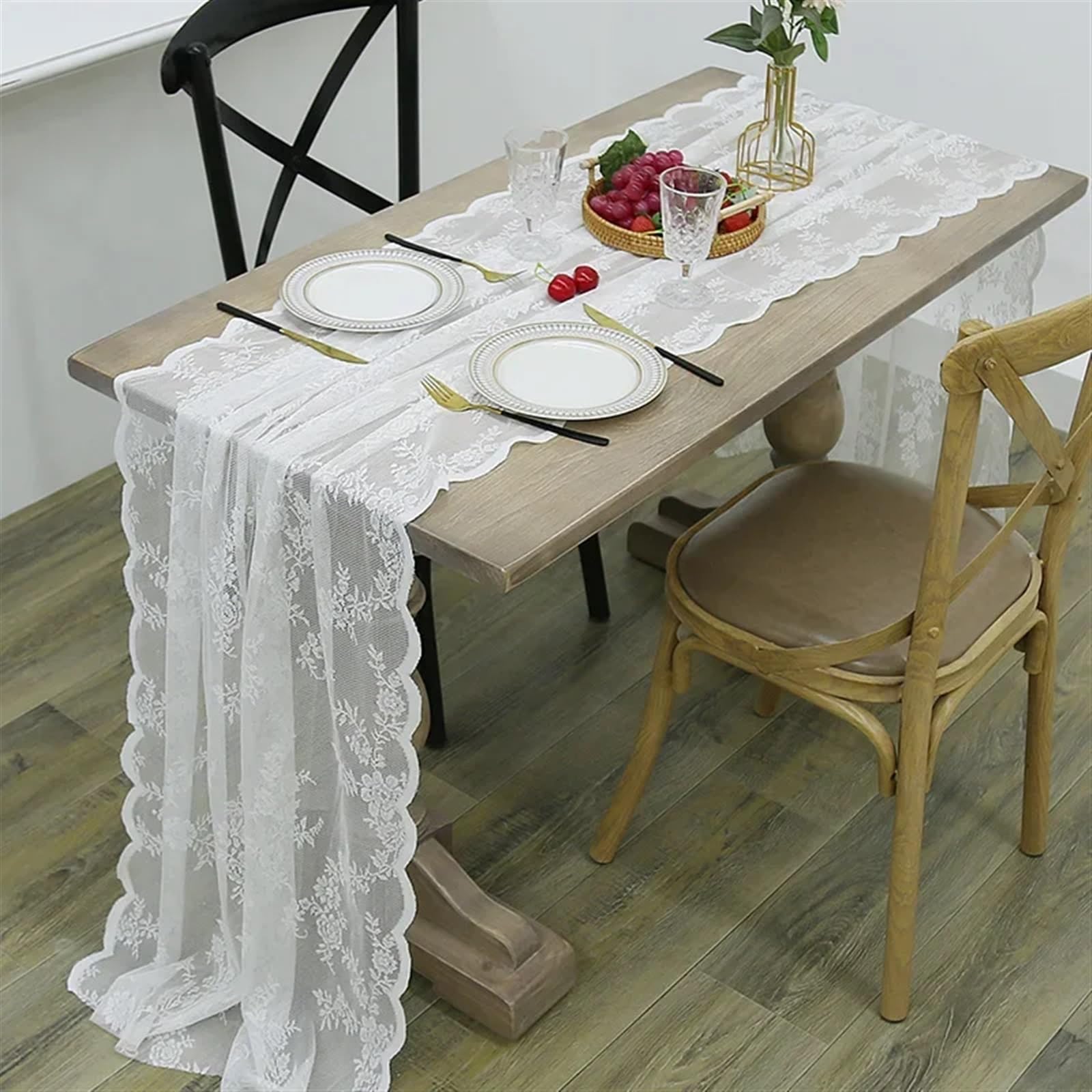 Elegant und luxuriös Rechteckiger Tischläufer aus Spitze, weißer Spitzenstoff, Tischdecke, 76,2 x 303,4 cm, Tischdecke mit Blumenstickerei, Vintage-Hochzeitsdekor