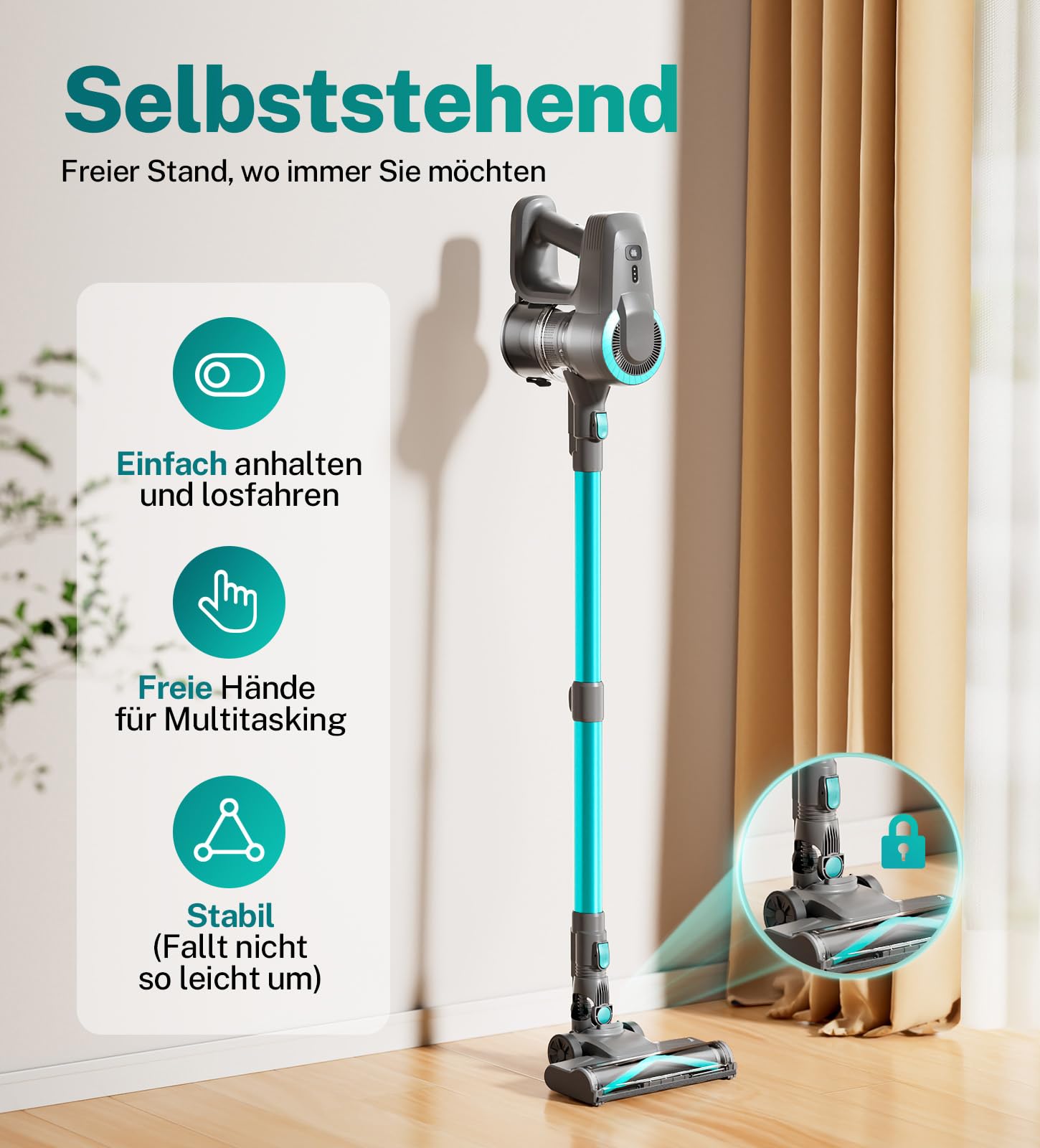 Akku Staubsauger, 30000Pa/55Min Staubsauger Kabellos, Anti-Tangle-Bürste und Selbststehend, Ultraleichter Handstaubsauger akku vacuum cleaner Stielstaubsauger für Teppichen, Hartboden, Tierhaare
