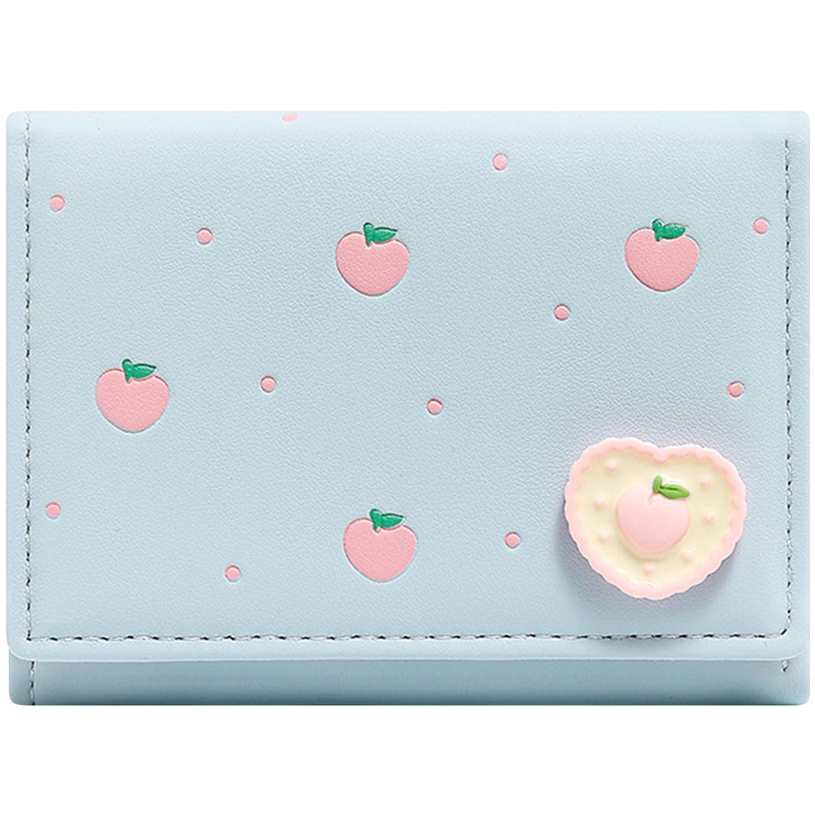 YINHEXI Wallet Women, Small Cute Womens Wallet with Fruit Pattern, PU Leather Trifold Card Holder with 7 Card Slots and ID Window (Blue Peach)