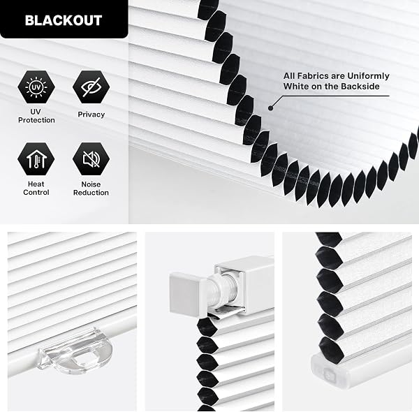 LazBlinds Cordless Cellular Shades, No Tools No Drill Blackout Honeycomb Shades Pleated Blinds for Windows, 35'' W x 48'' H, Silver White - 3