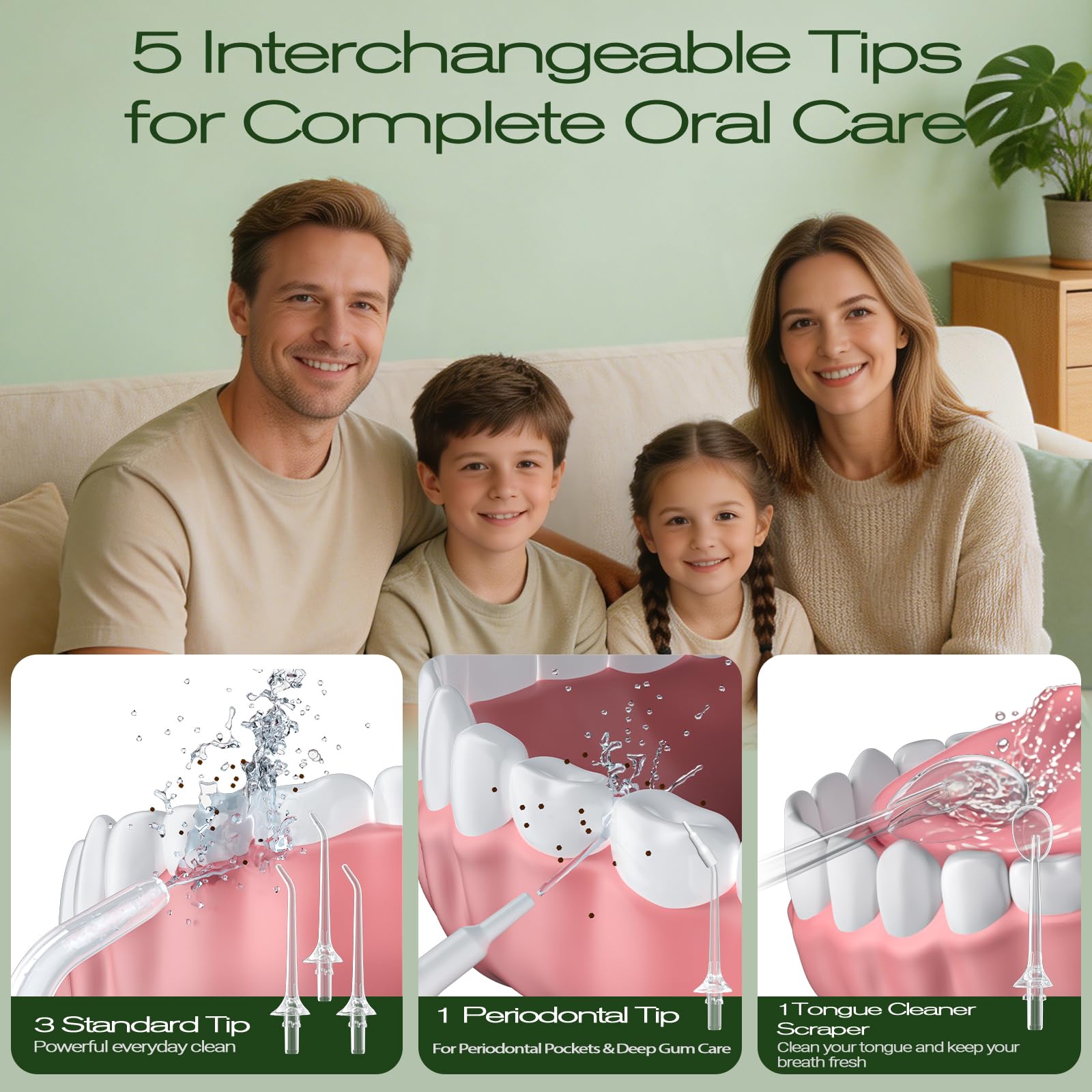 OasiSmile Irrigador bucal C2 para dientes, irrigador oral inalámbrico de 350 ml para aparatos ortopédicos y encías sensibles, presión ajustable de bricolaje, 4 modos, 5 puntas de chorro, púa dental