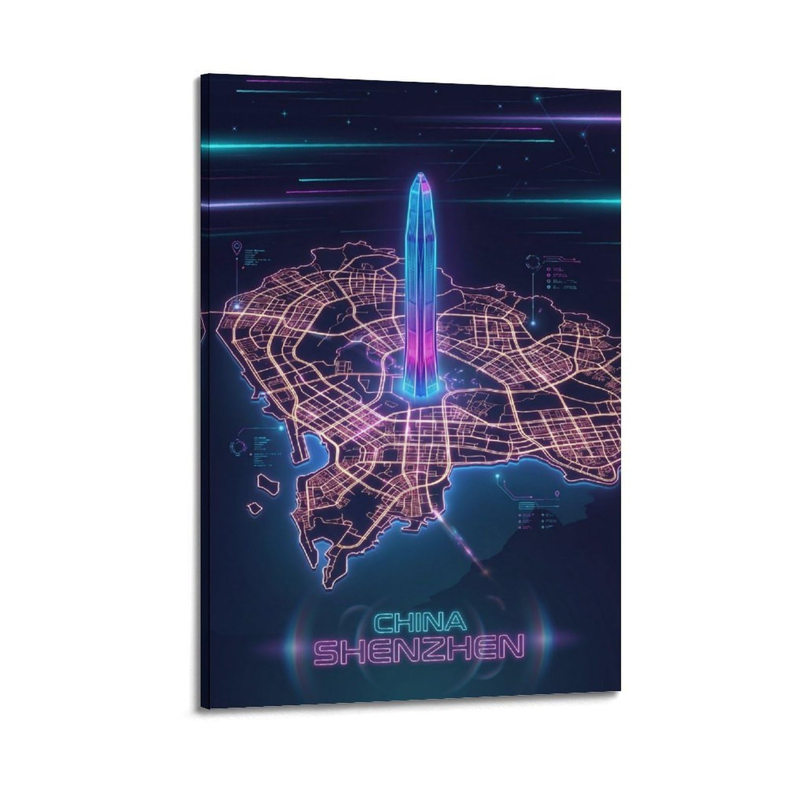 XKUGA Map Gaming Room Poster Shenzhen China Cyberpunk Modern Decorative Canvas Prints - Ideal Wall Art for Family, Man Cave, Game Room, Boys & Girls Bedroom 20x30inch(50x75cm)