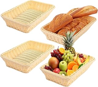 LOPYXBR 4PCS Wicker Bread Basket for Table 30x25x6.5cm Rectangular Fruit Baskets Yellow Poly Wicker Tray Food Baskets for Serving Fruit Vegetable, Home, Restaurant