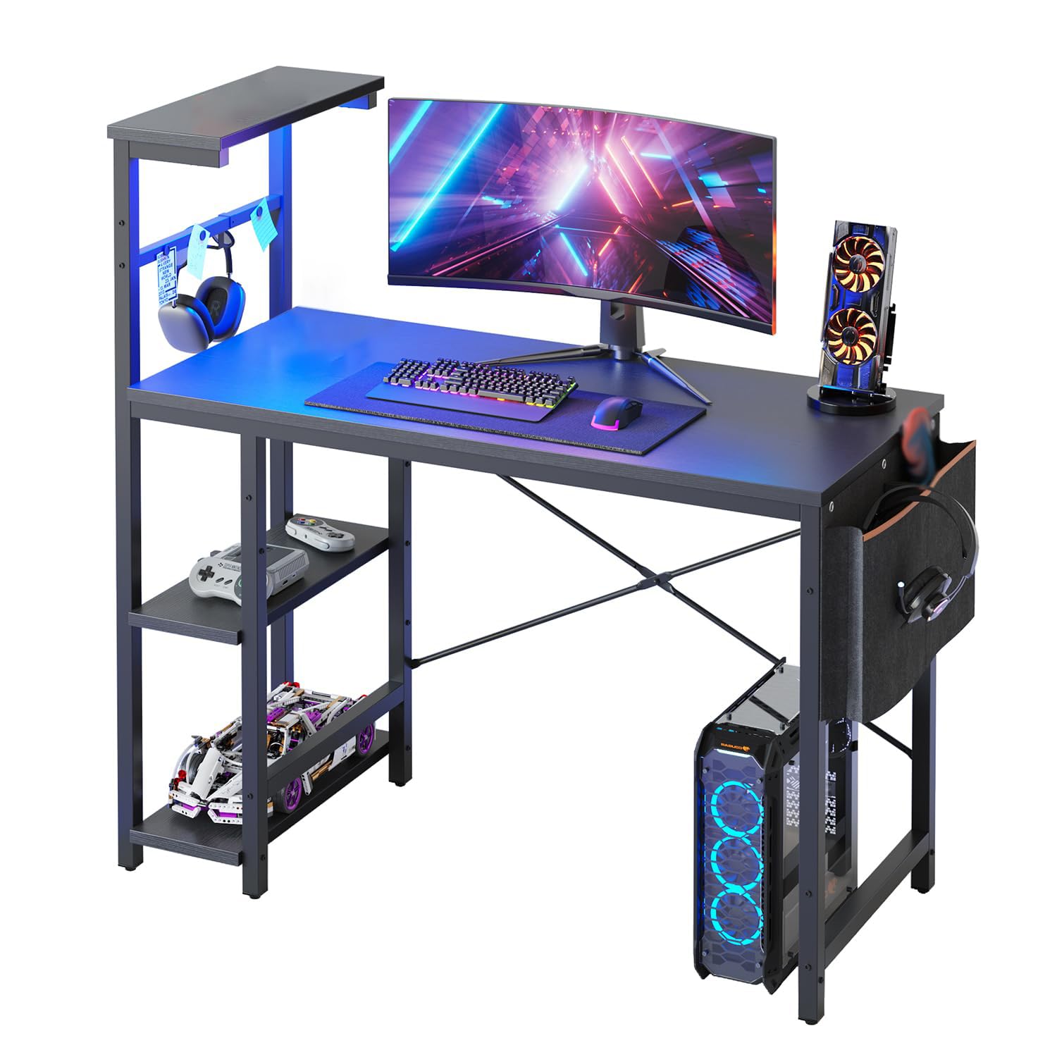 Bestier Gaming Desk with LED Lights, 44 Inch PC Gamer Desk for Small Spaces, Computer Desk with Reversible Storage Shelves & Side Storage Bag (Black Grained)