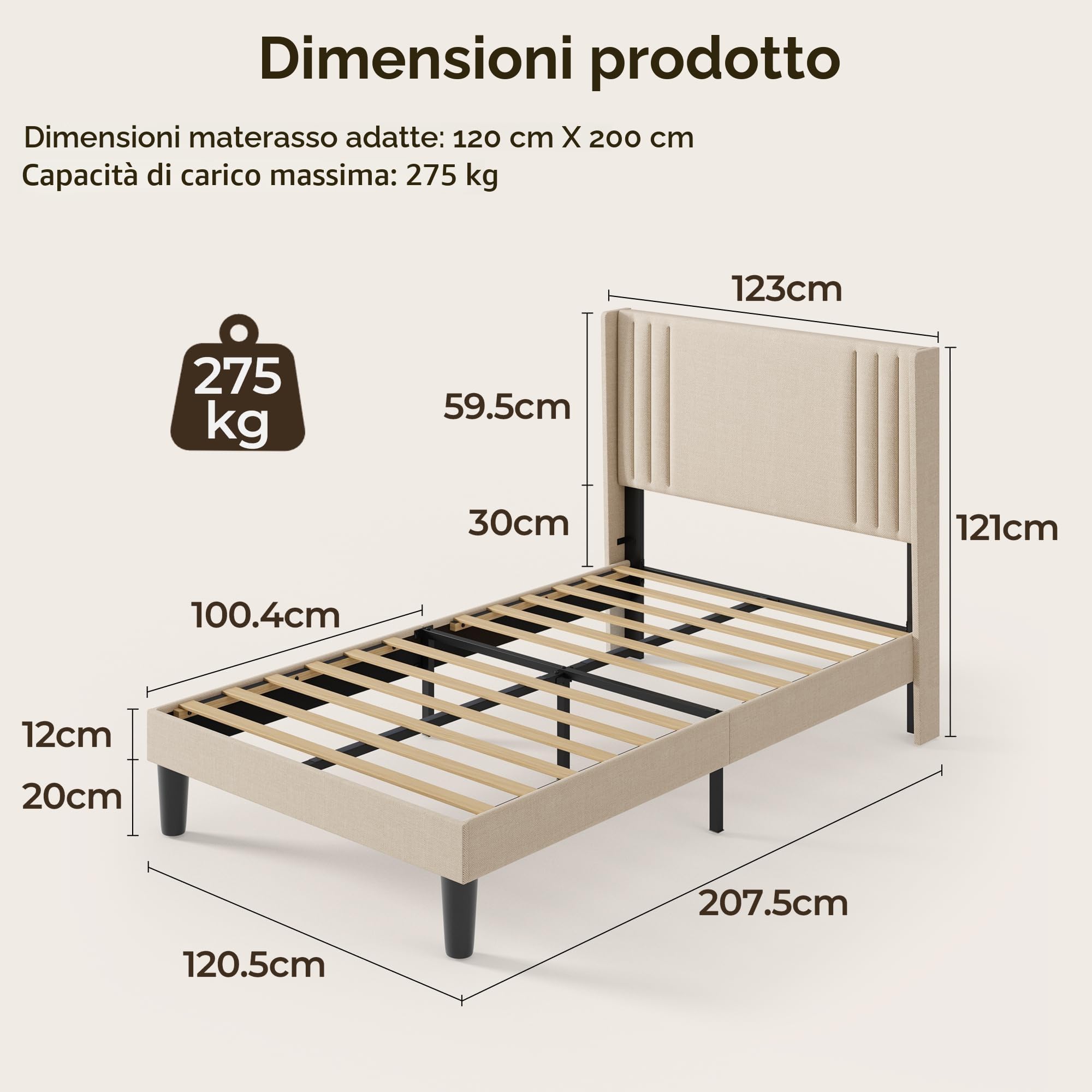 Letto imbottito 120 x 200 cm, con testiera e rete a doghe, robusto letto in tessuto per ragazzi e camere degli ospiti, struttura imbottita,Beige