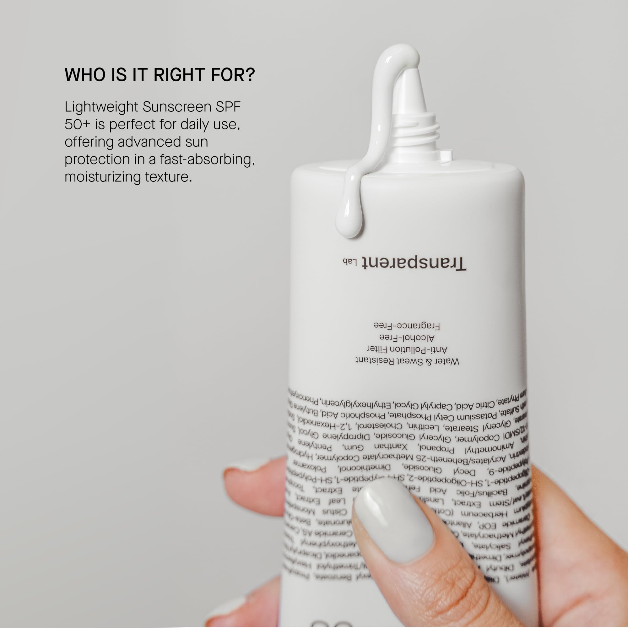 Transparent Lab Lightweight Sunscreen SPF50+ Facial Sunscreen 100ml – UVA/UVB/HEVL Protection, Lightweight Texture, Moisturizing, Anti-aging, No White Cast and Invisible Finish