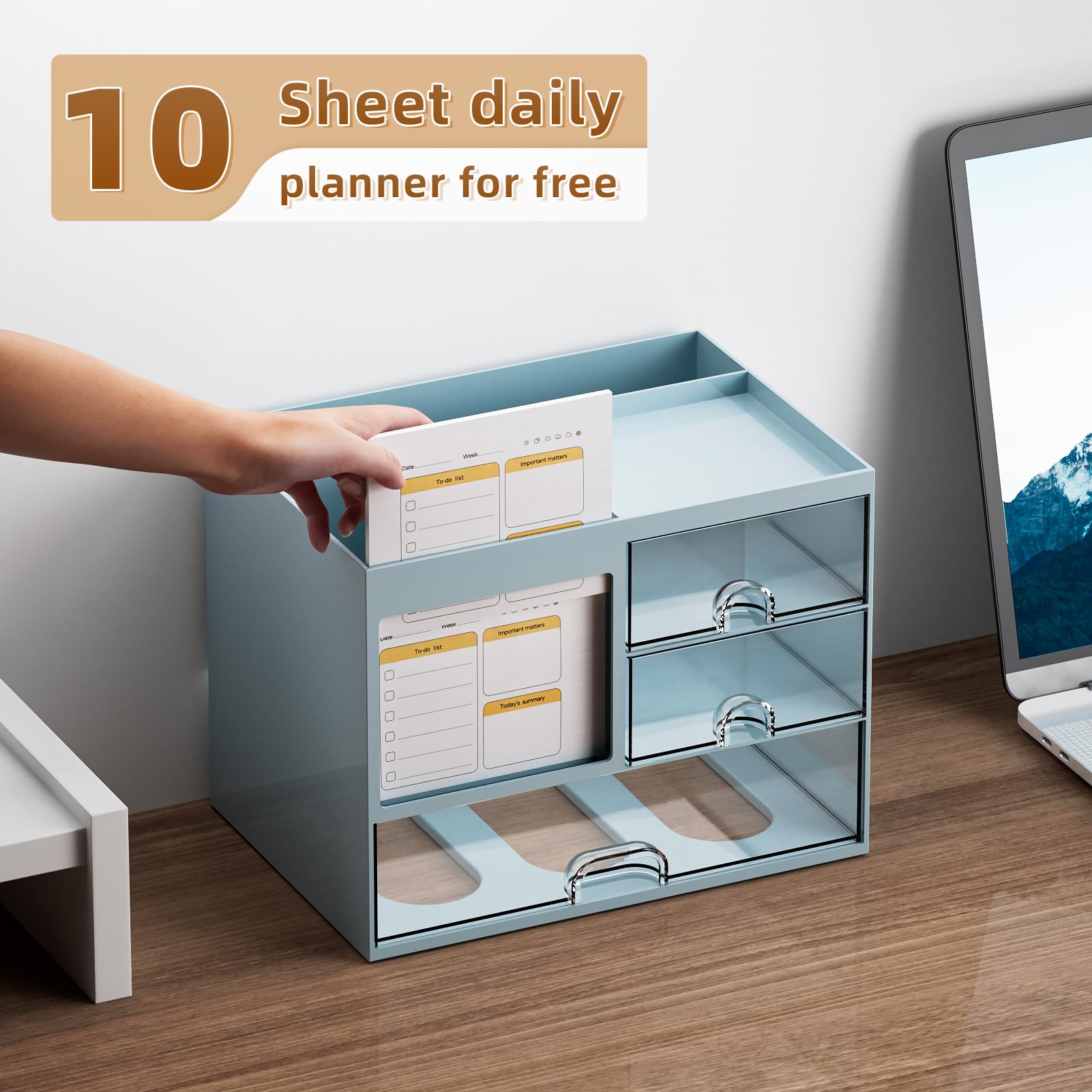 Marbrasse Desk Organiser with 3 Drawers,Large Capacity Pencil Holder,Stationary Organiser with 4 Compartments and Accessories,Desk Tidy for Office,Home and School(Blue) - Image 4