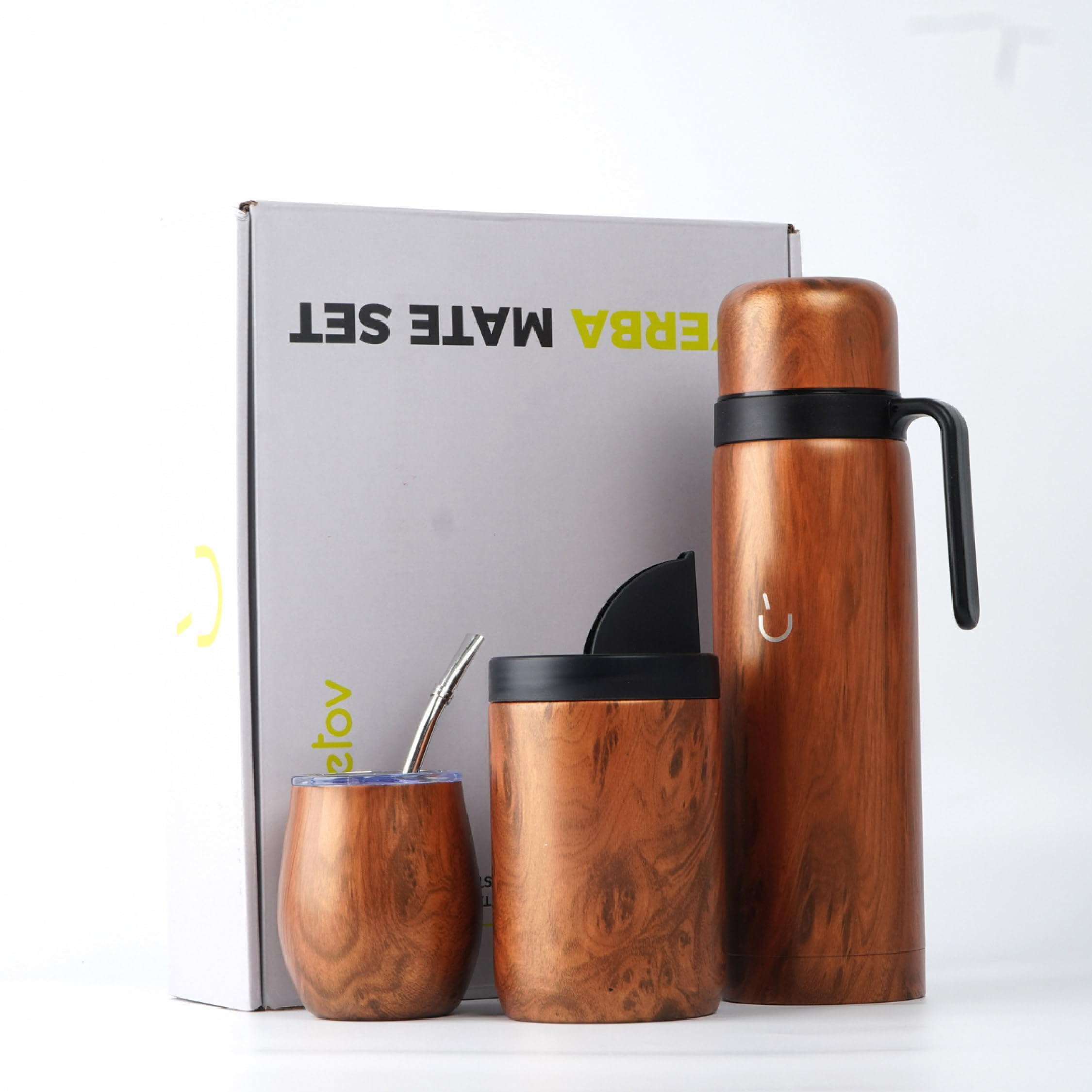 BALIBETOV Yerba Mate Tasse Set - Modern Yerba Mate Tasse, Thermos, Yerba Mate Conteneur (Yerbero), Bombilla (Mate Paille) et brosse de nettoyage - Acier inoxydable 304 18/8 (Bois)