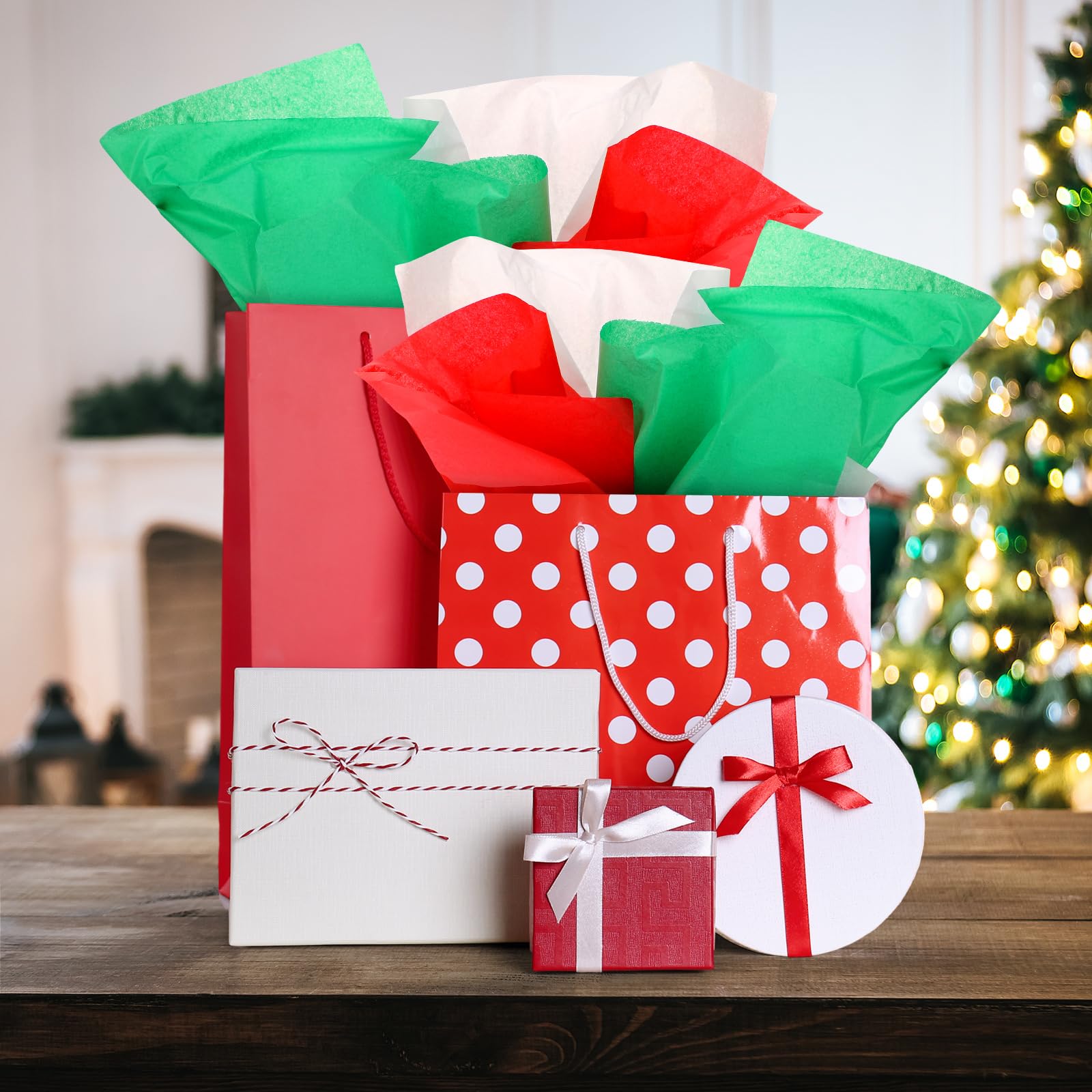 Tatuo Lot de 600 feuilles de papier de soie de Noël en vrac, 50,8 x 35,6 cm, blanc, rouge, vert pour les vacances, les anniversaires, les travaux manuels, les cadeaux, les sacs, les fournitures de