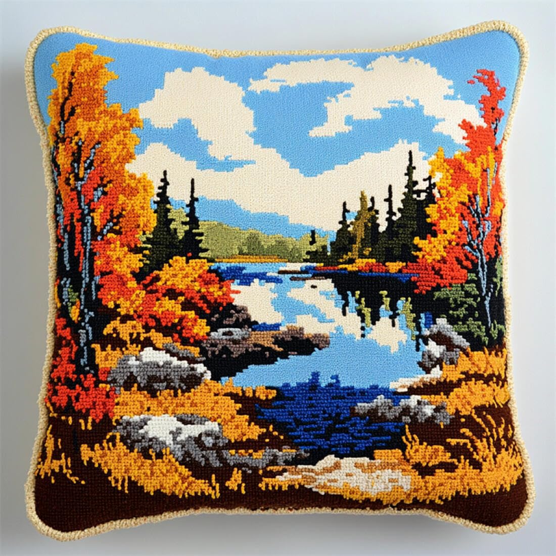 Kitquiver DIY Craft Latch Hook Rug Kits Mountain and Lake Scenery Latch Hook Kit Pillow DIY Rug Crochet Hook Cushion Making Kits with Preprinted Pattern Canvas 17x17In