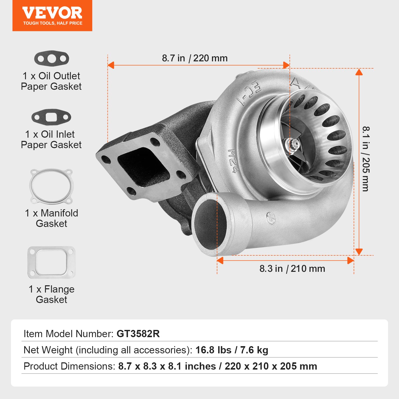 VEVOR Kit Turbocompressore per Motore con Kit Guarnizioni, Parte Tubo Sostituzione Turbocompressore Motore Auto, Compatibile con Cilindrata da 2,5 L a 6 L, Turbocompressore Motore in Lega K418