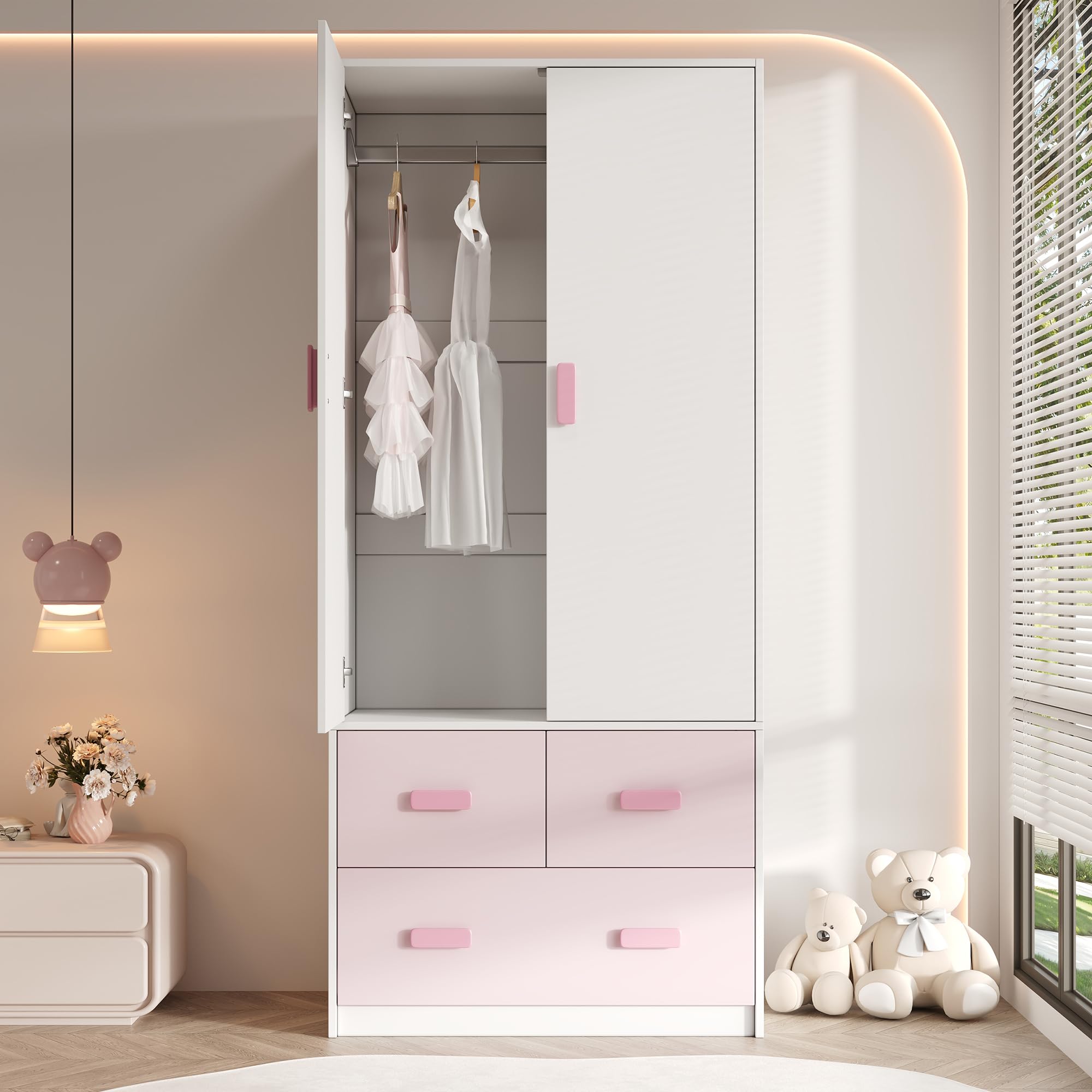 Armario infantil de 2 puertas, mueble de dormitorio, con barra colgante y 3 cajones, bicolor blanco y rosa, 80×48×180 cm