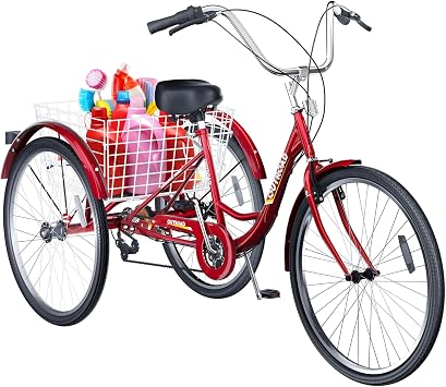 7 Speed Adult Tricycle, 24 inch Cruiser Trike with Large Basket for Women Men Seniors, 3 Wheel Bike for Outdoor, Shopping, Recreation, Picnic Red