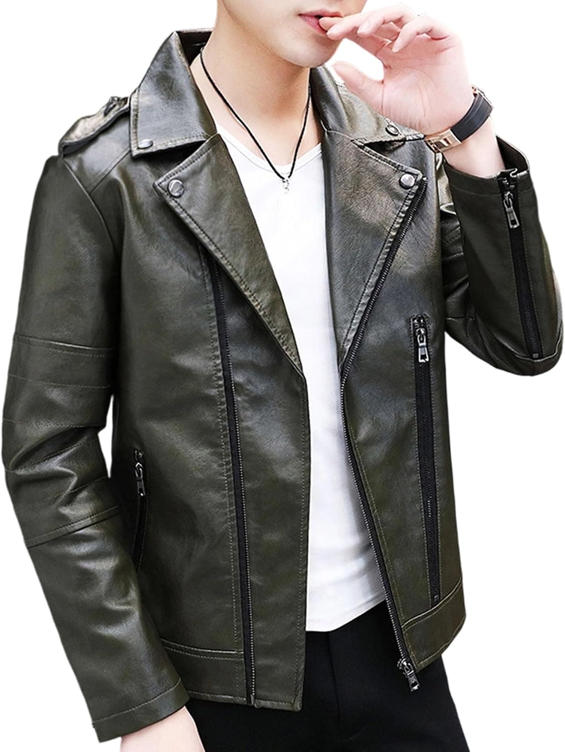 Maiyifu-GJ Faux Leather Motorcycle Jacket for Men Casual Lapel Zip-Up Slim Biker Coat Outerwear