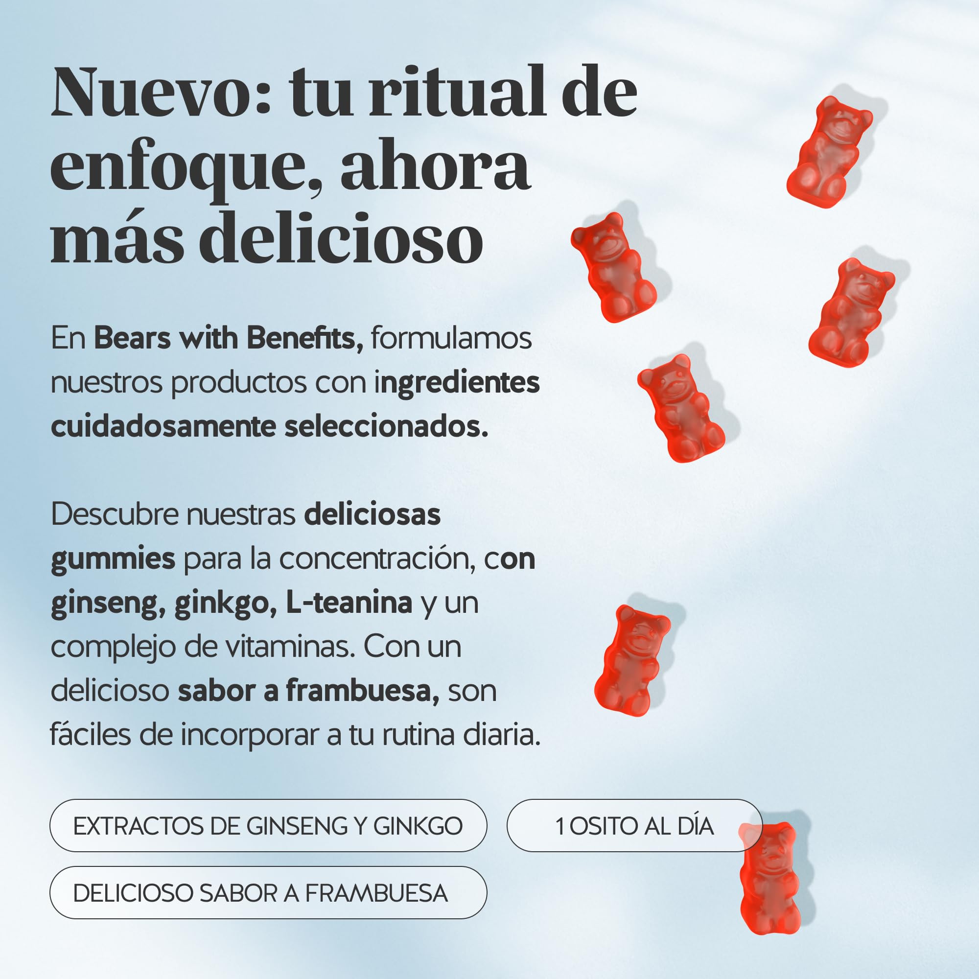 Gummies Concentración & Vitalidad – Ginseng, Ginkgo, L-Teanina, Vitaminas B6, B12, C & Niacina – 90 unidades (3 Meses), Vegano, Sin Azúcar, Bears with Benefits