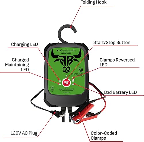 Miniatura 6 de Schumacher Electric Cargador y mantenedor de batería para granja y rancho, FR01538, 3 en 1, totalmente automático, 5 amperios, 12 voltios, para