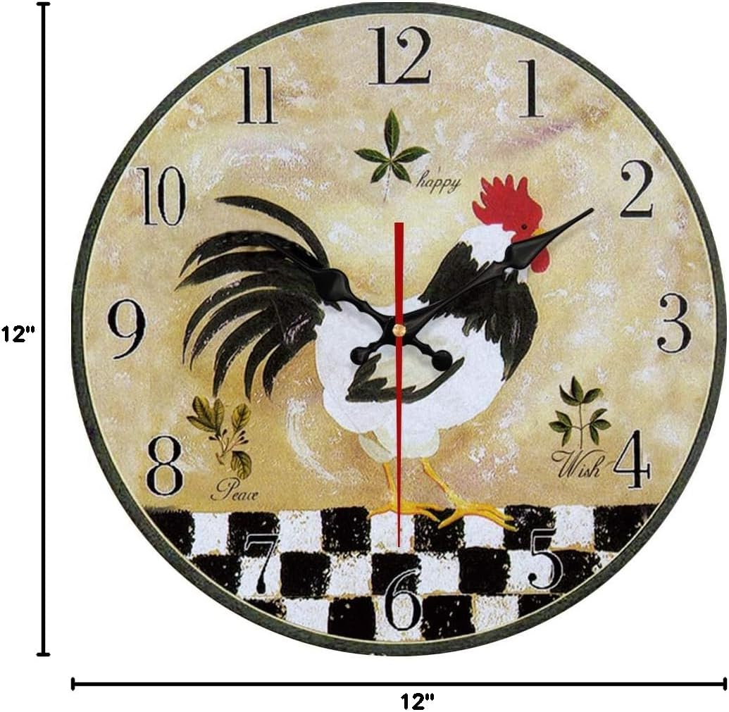 Yeyo Rooster Wall Clock European Style Old Fashion Elegance Vintage Wall Clock MDF Wooden Art Decor for Home Decoration (12inch, Style 10)