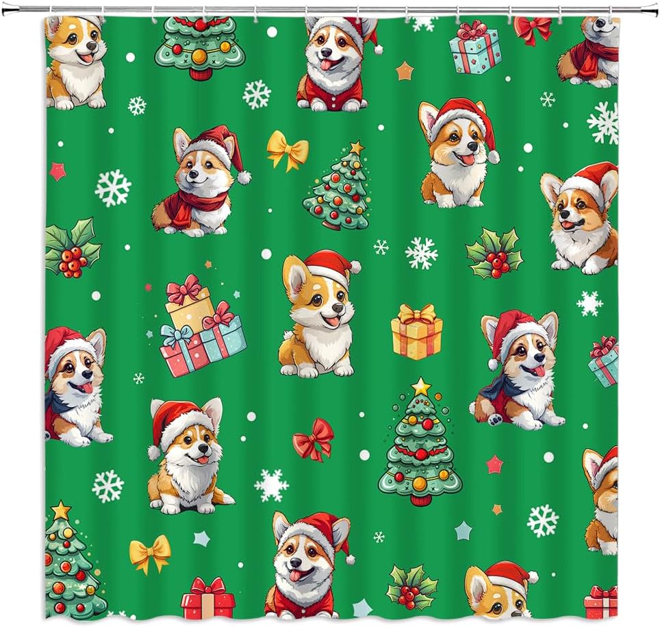 Christmas Dog Shower Curtain Cute Cartoon Corgi with Xmas Hat Pine Tree Snowflake Red Berry Leaves Lovely Animal Pets Lover Happy New Year Fabric Bathroom Decor Curtains with Hooks,70 x 80