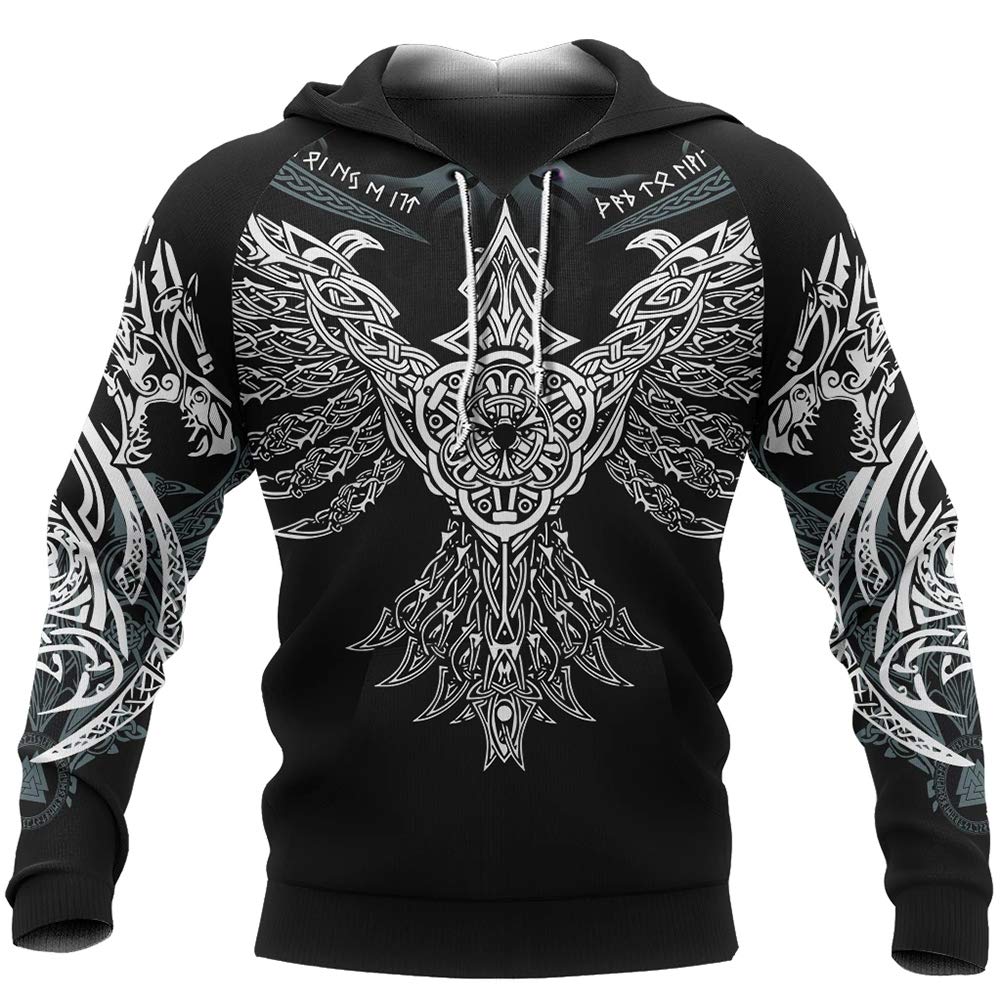 Sweat à capuche Viking avec tatouage corbeau imprimé 3D haute définition pour homme