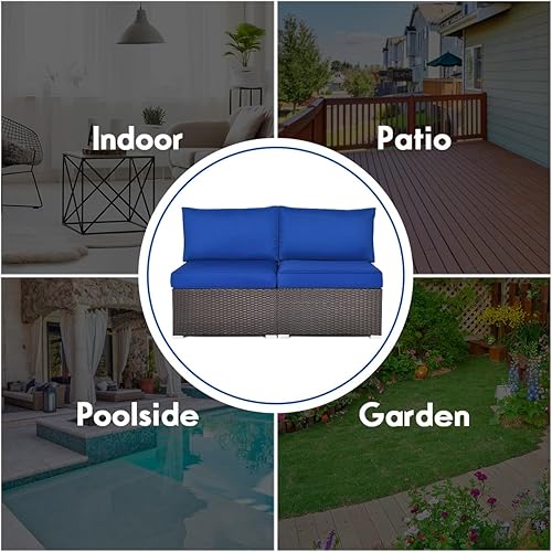 Miniatura 6 de COSTWAY Juego de 2 sofás de ratán de polietileno sin brazos, sillas de mimbre para patio con cojín suave, muebles seccionales al aire libre para