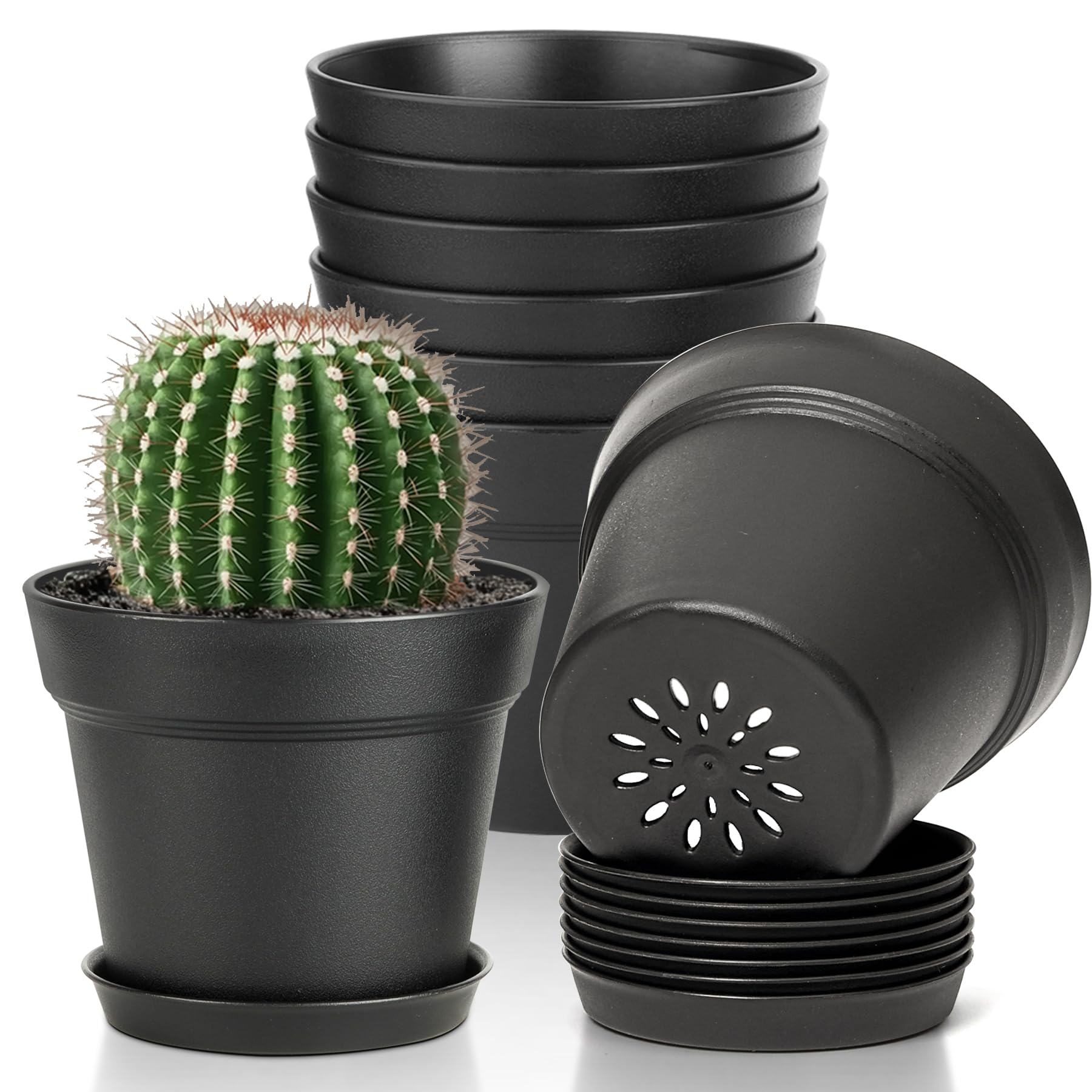 T4U 4 Inch Plant Pots 8-Pack, Small Flower Pots with Drainage Hole and Saucer, Decorative Nursery Pot Bulk for African Violet, Snake Plant, Succulent, Herb and Plants Indoor (8 Pcs 4" Pots, Black)