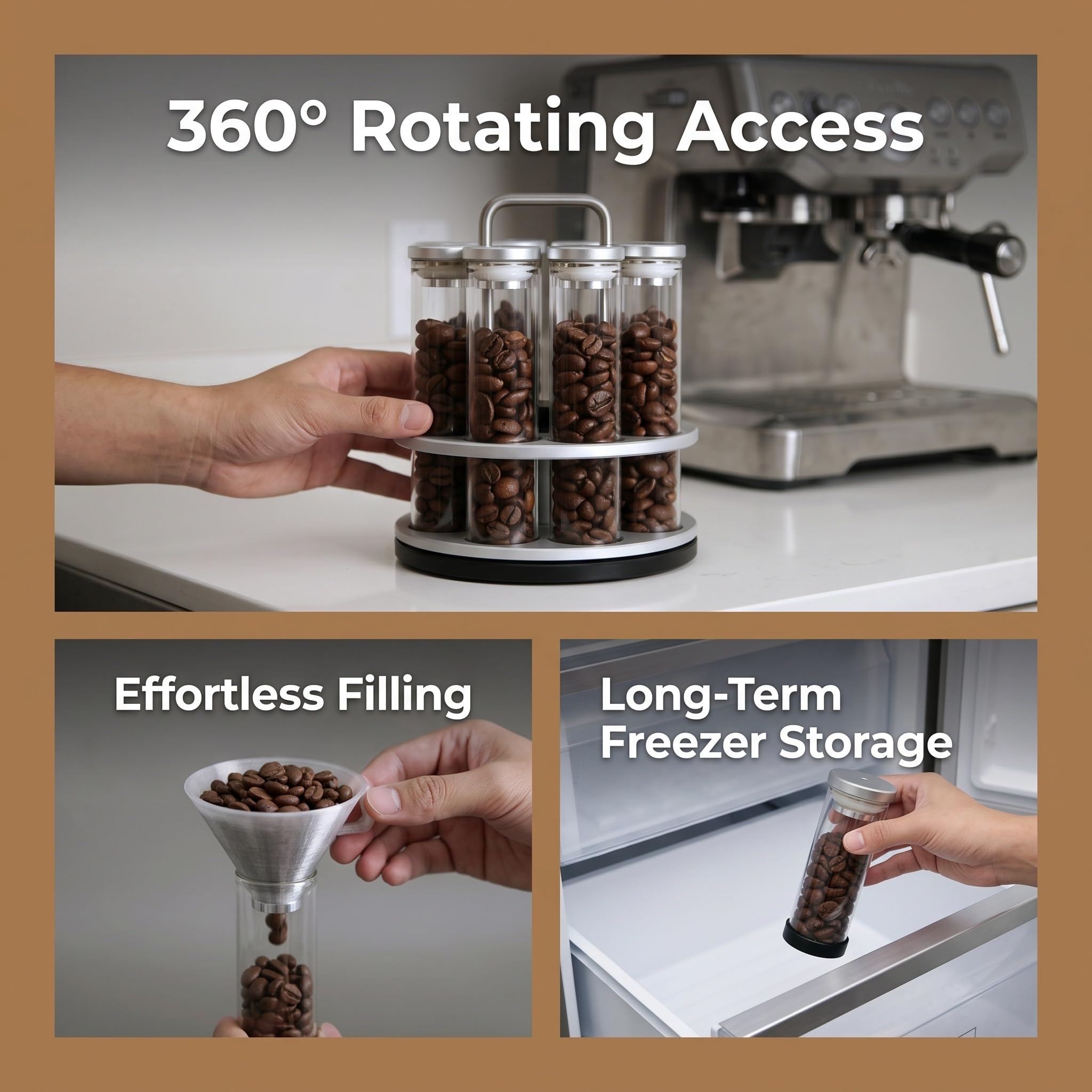 8 tubi per caffè espresso monodose con espositore girevole, imbuto, valvola unidirezionale, capacità 20 g, freschezza ermetica per barista domestico