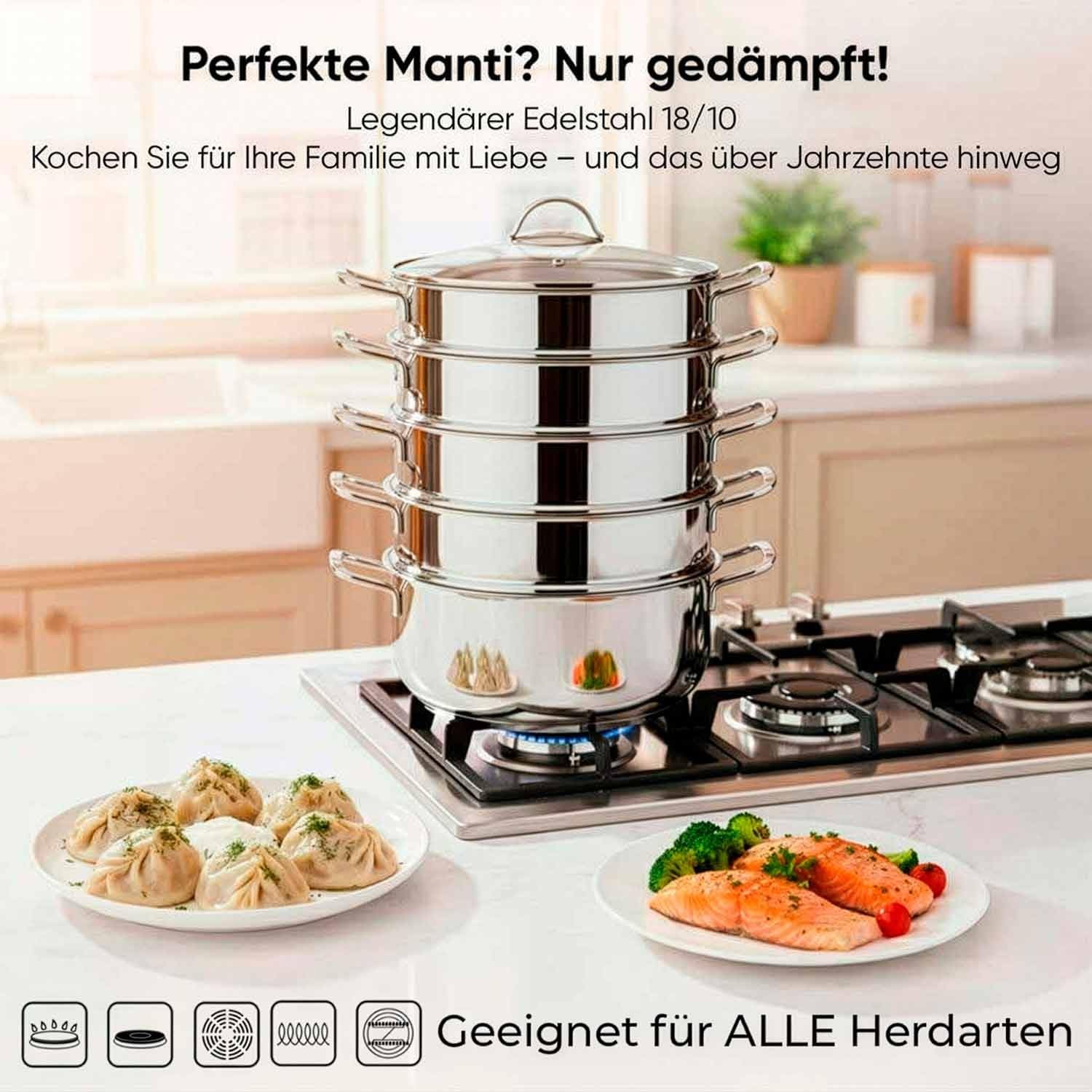 BEM Dampfkocher: 6-tlg Set aus Edelstahl 18/10, Ø 28 cm, Mantowarka | Dampfgarer Topf mit Glasdeckel und Dampfeinsatz, für Induktionsherd geeignet