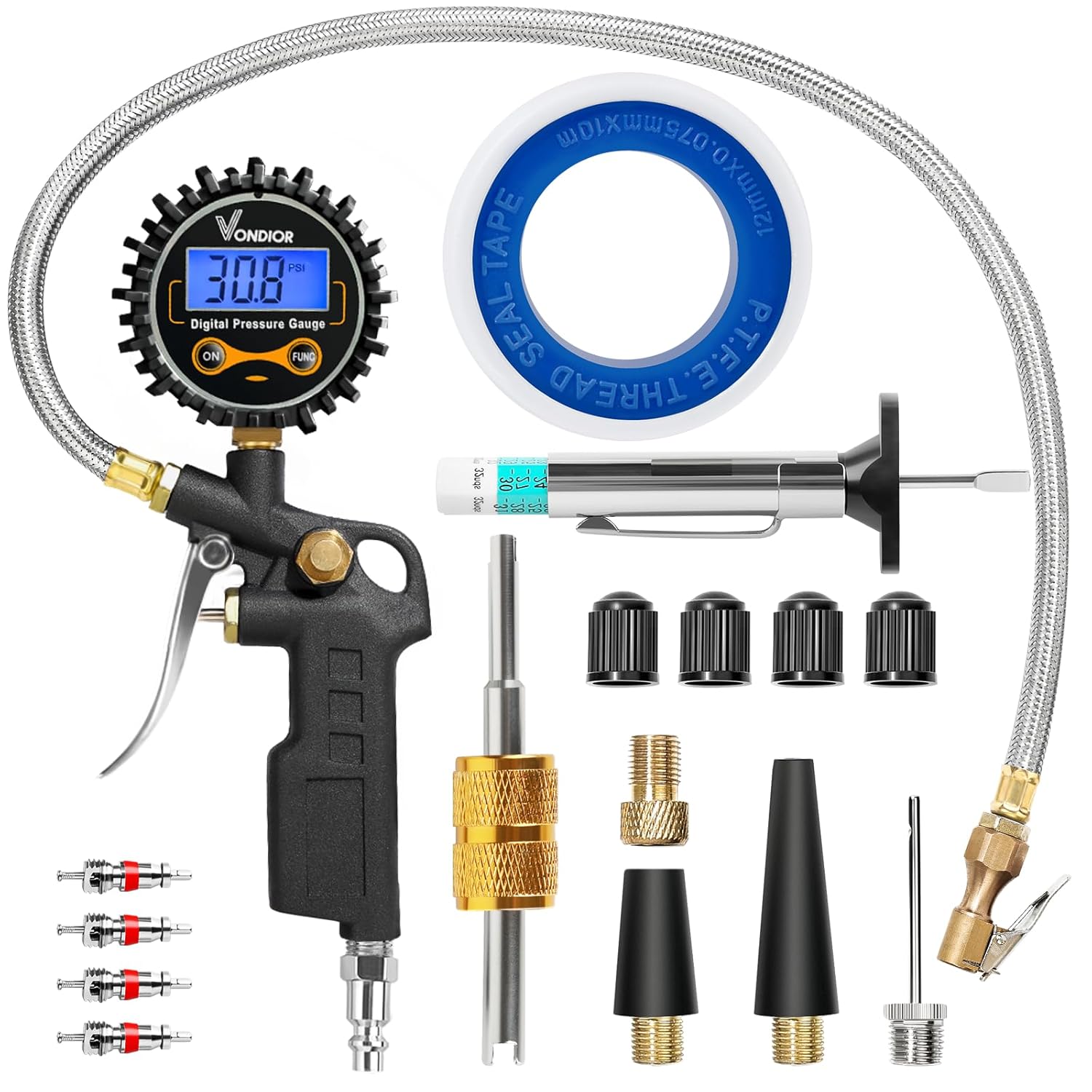 Vondior Digital Tire Pressure Gauge with Inflator, 250 PSI Heavy Duty Air Chuck with Tire Tread Depth Gauge, Stainless Steel Braided Hose with Quick Connect Coupler, Car Accessories