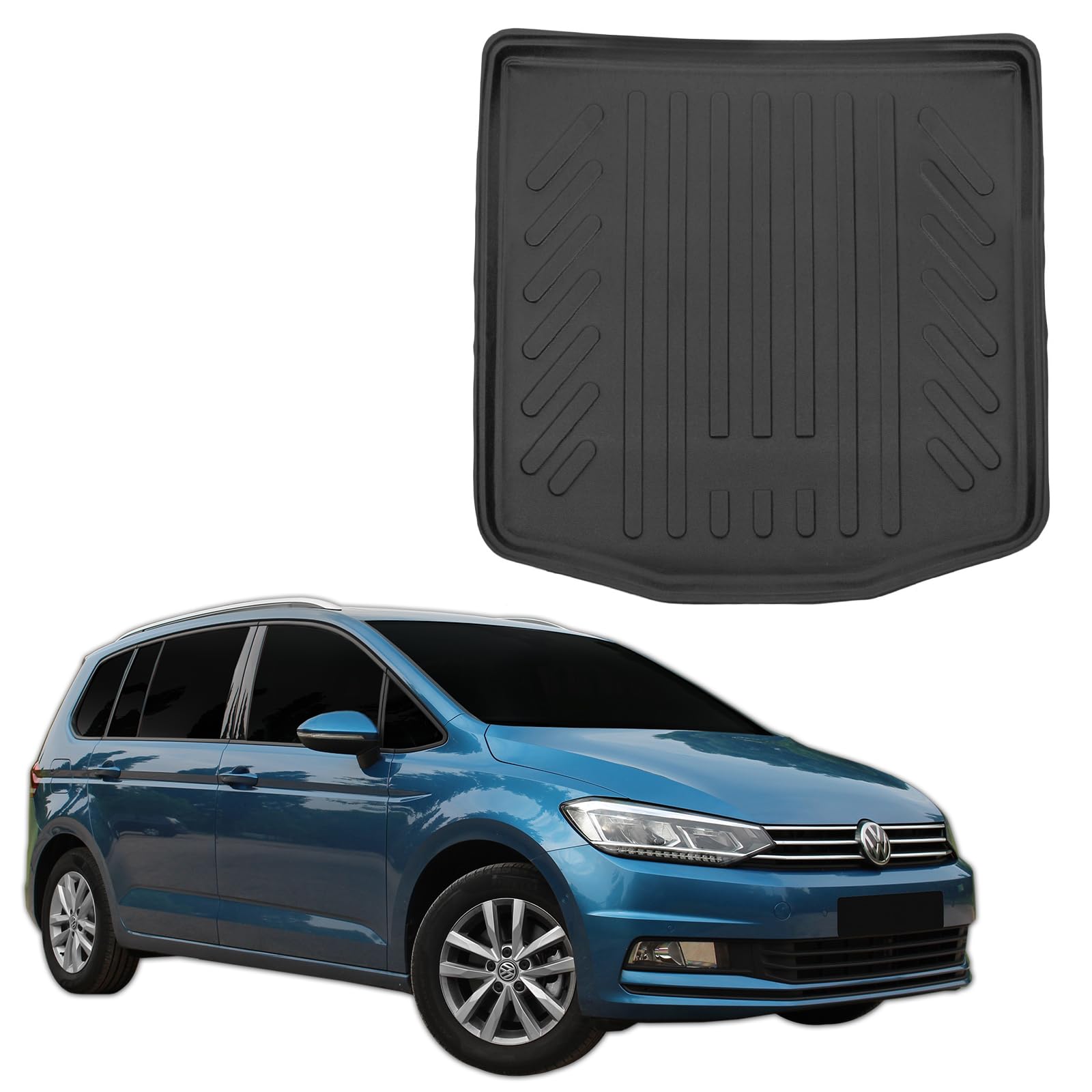SCOUTT Kofferraumwanne passend für Volkswagen Touran ab 2015, 3D TPE Allwetter mit hohem Rand Geriffelt Passform rutschfest Geruchsneutral Schwarz Aufrollbar