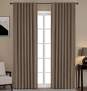 INOVADAY 100% Blackout Curtains 96 Inches Length 2 Panels Set, Back Tab/Rod Pocket Linen Black Out Curtains for Bedroom, Thermal Insulated Window Drapes - Flaxen Brown, W50 X L96