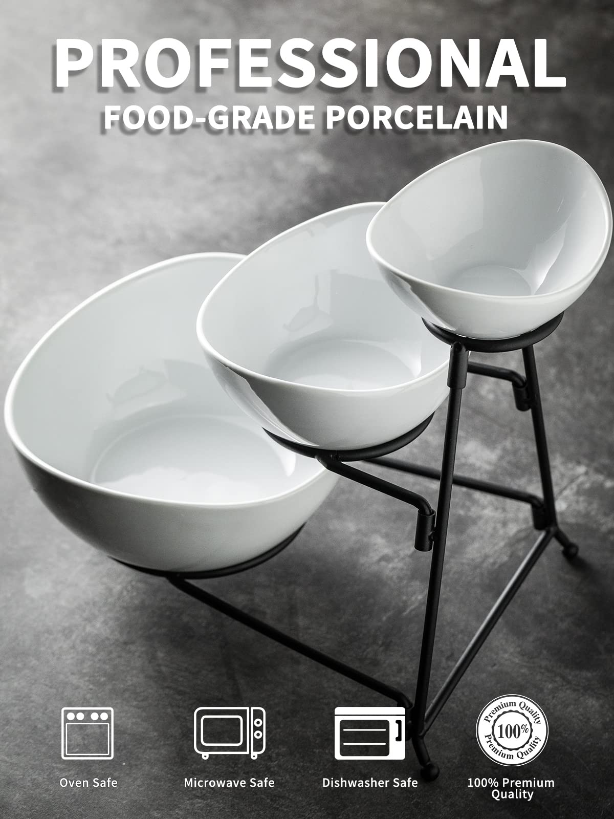 LAUCHUH 3 Tier Serving Stand for Chip and Dip Set Oval Serving Bowl Set for Christmas Entertaining White Serving Platter and Dish for Dessert, Appetizer, Candy, Vegetable, Black