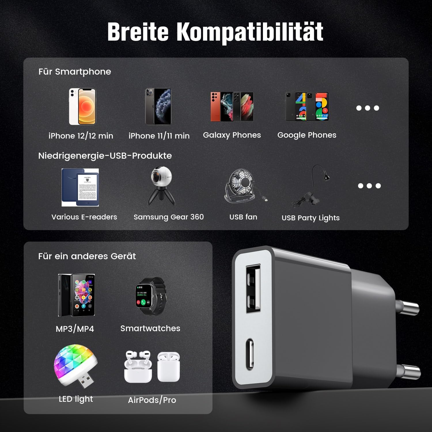 Caricatore USB da 5 W, adattatore di ricarica universale ultra sottile (5 V 1 A), 2 porte, USB-C + A (confezione da 30 pezzi), per iPhone, lettori eBook, spazzolini elettrici Xperia, lettori