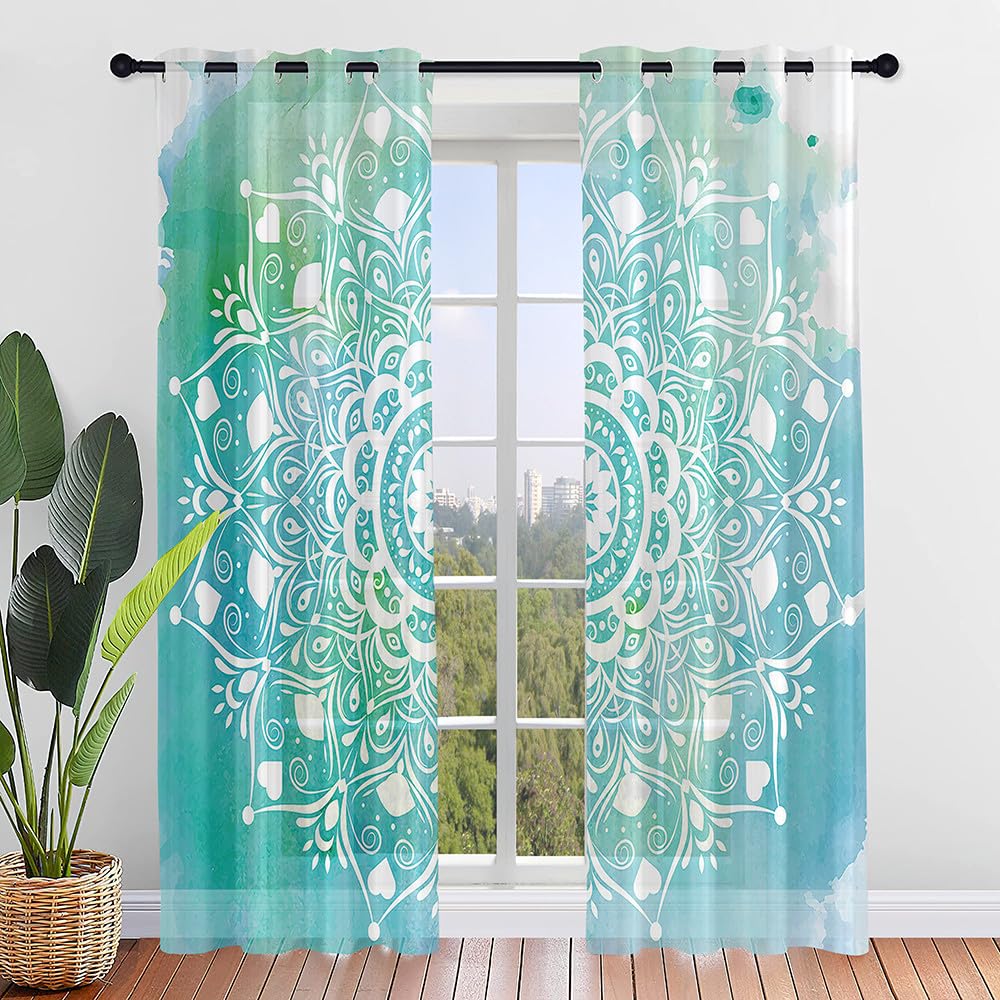 Hiseng Net Curtains for Windows, Voile Fabric 2 Panels, 3d Color Mandala Printed Eyelet Extra Long Extra Wide Curtains, Net Curtain For Living Room Kitchen Door Window (80x115cm,cyan)