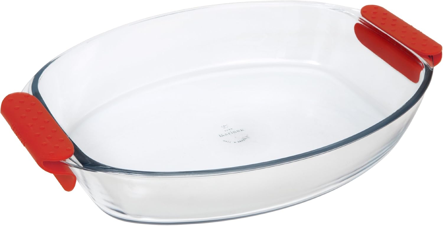 Marinex Prediletta Large Oval Glass Roaster with Red Silicone Handles