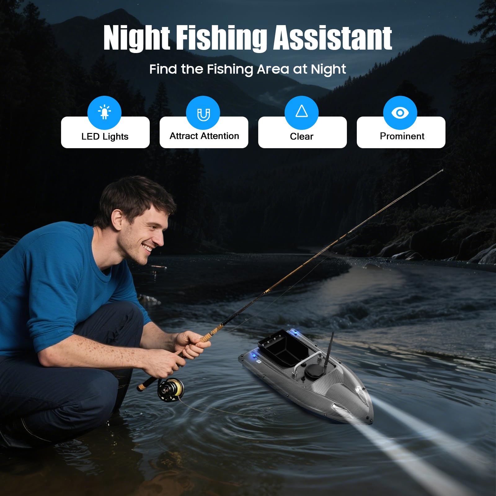 500m Barchetta per la Pesca Barca per Esche Telecomandata, Barca per Esca da Pesca con Luce LED, Capacità di Carico 1.5KG Pesca Notturna Barca per Esche con Grande Contenitore per Esche Barca