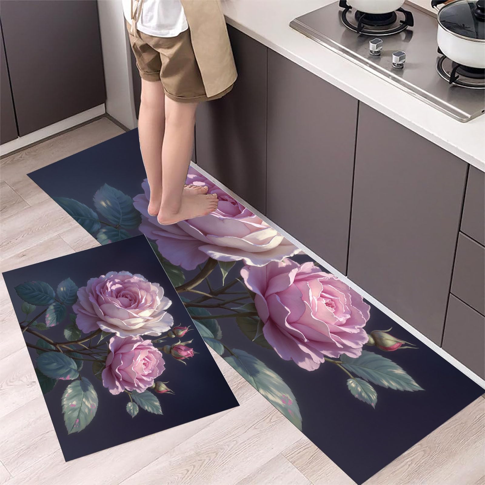 Tapis de cuisine antidérapants motif roses vertes lot de 2 formats 40x60 et 40x120cm