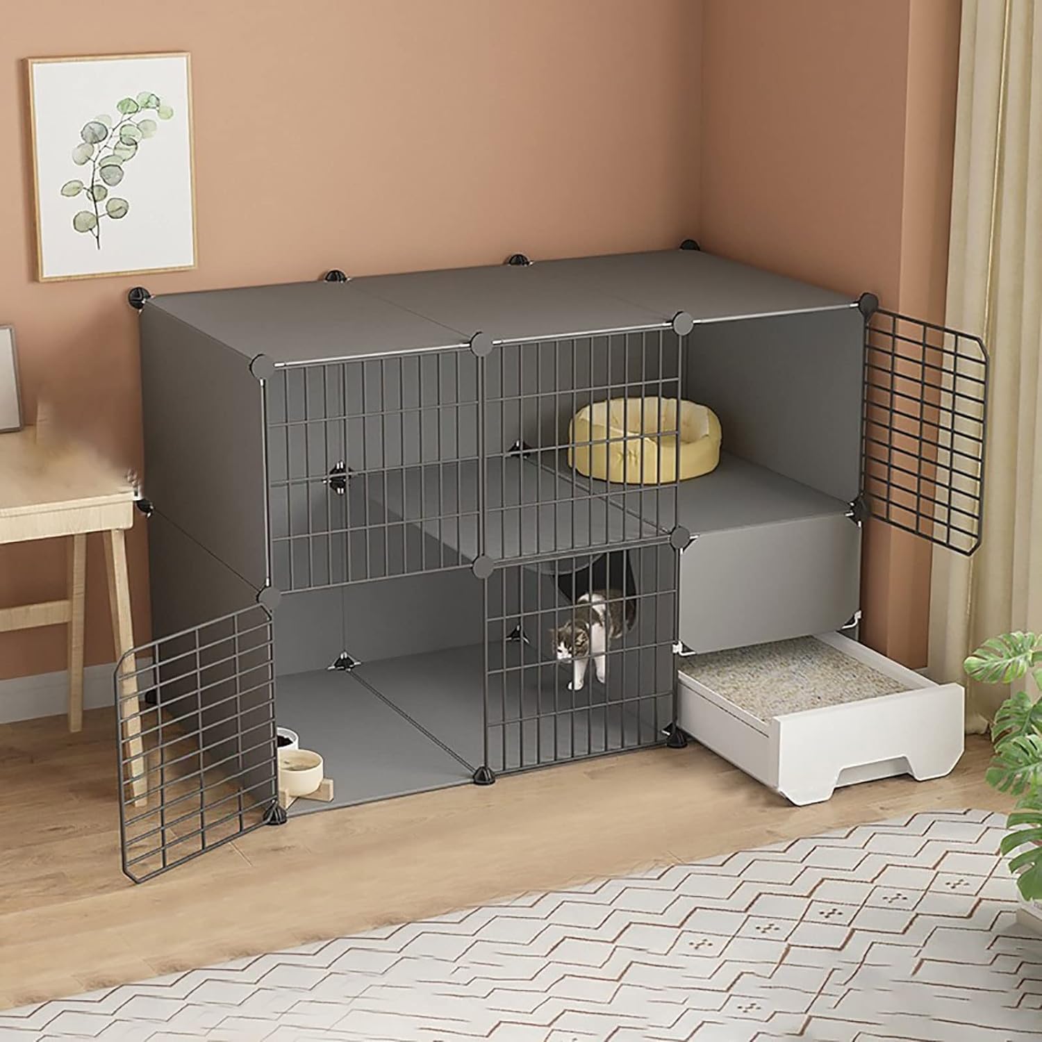 asdchZen Cat House Cat Cage With Cat Litter Box,Cat Cages Indoor 2/3 Tier Cat Crate Pet Cages For Cats,Exercise Place Ideal For 1-3 Cat For Cat And Small Animals,111X49X73Cm
