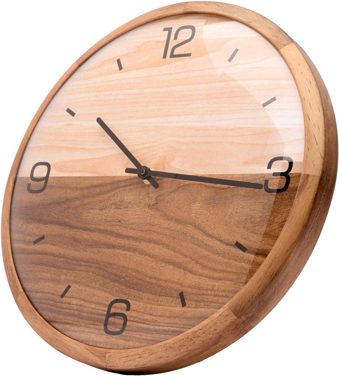 Analog Dome Glass Wall Clock (12") - Pine Wood Frame with Two-Tone Wooden Face - Battery Operated with Silent Movement - Large Decorative Clocks for Classroom, Office, Living Room, or Bedrooms