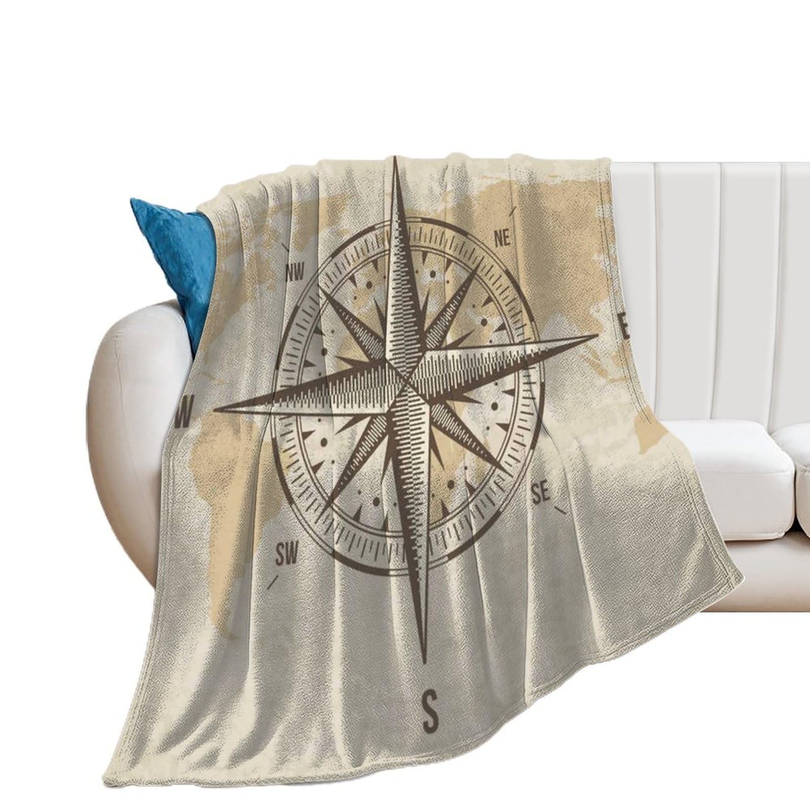 NCLQVJXZKHW Vintage Nautical Compass Old World Map Flannel Blanket Soft Throw Blankets Bed Couch Sofa Travel